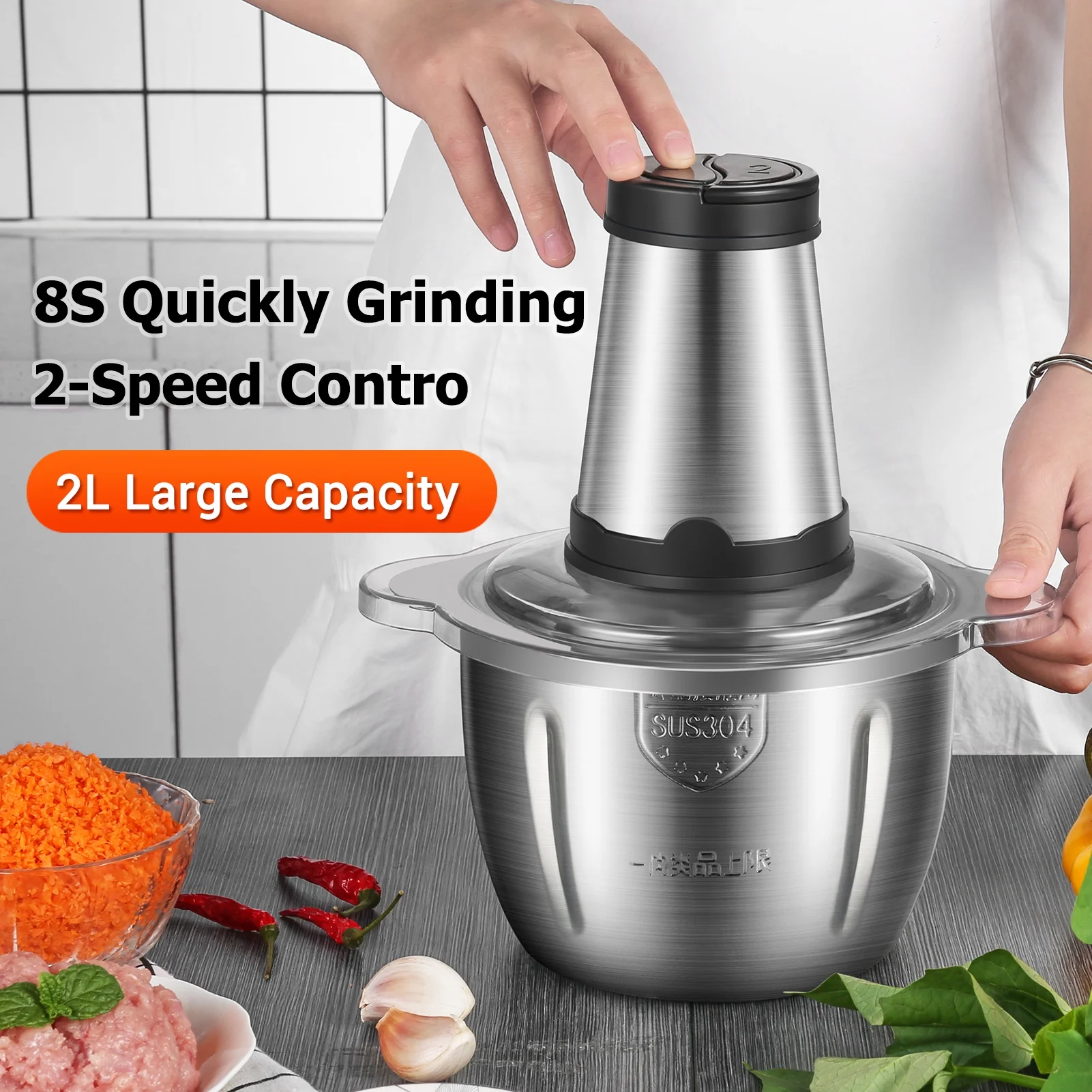 Meterk Electric Meat Grinder 2L Multi Function Stainless Steel Food Processor For Meat Vegetables Fruits Nuts 2-Speed Control Food Chopper For Home Kitchen Restaurants