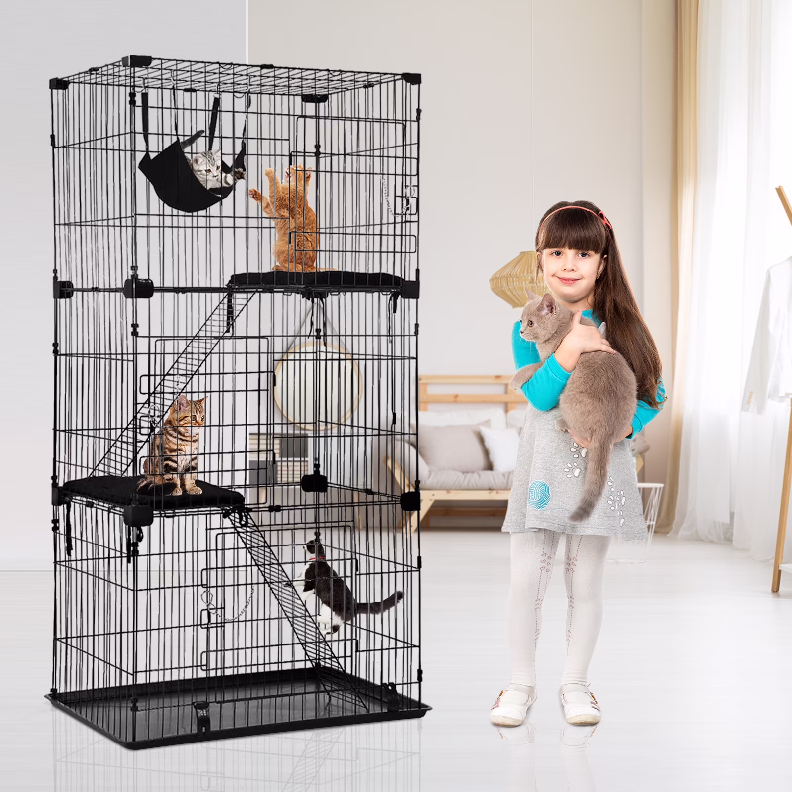 NiamVelo 67 inch Metal Cat Cage Indoor Cat Crate Kennel Pet Playpen with Hammock 3 Cat Bed, Black