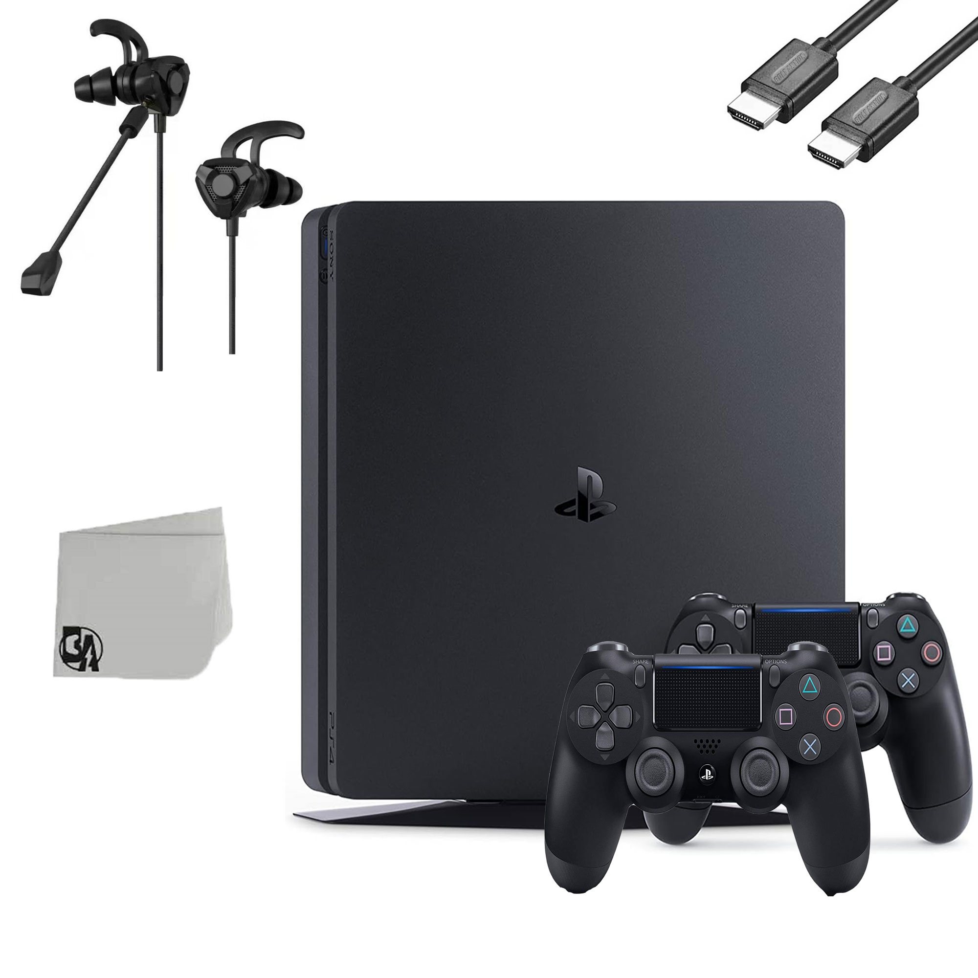 Sony PlayStation 4 Slim 500GB Black Gaming Console With 2 Controller + G9 Earbuds With Microphone BOLT AXTION Bundle Used