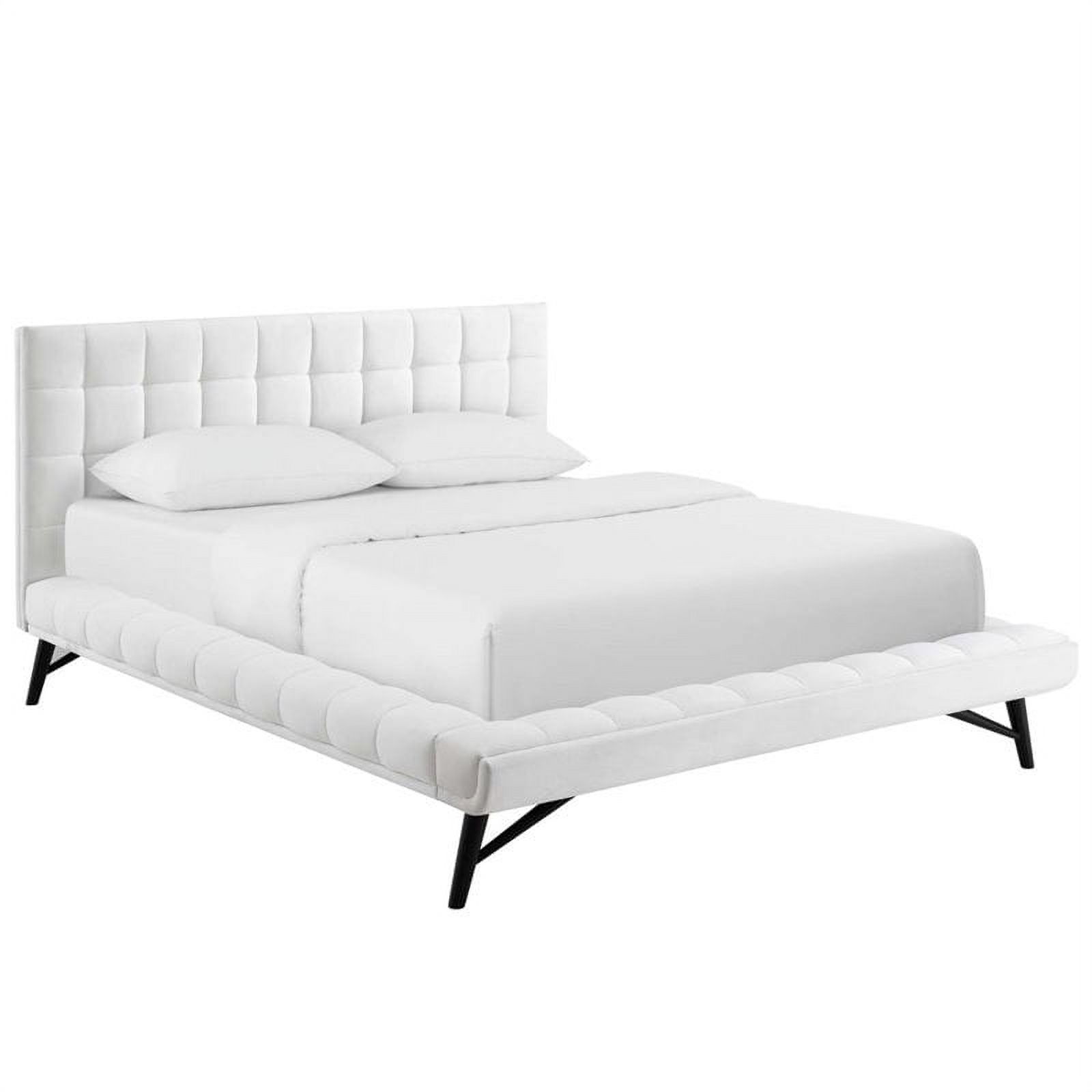 Pemberly Row Biscuit Tufted Velvet Queen Platform Bed in White
