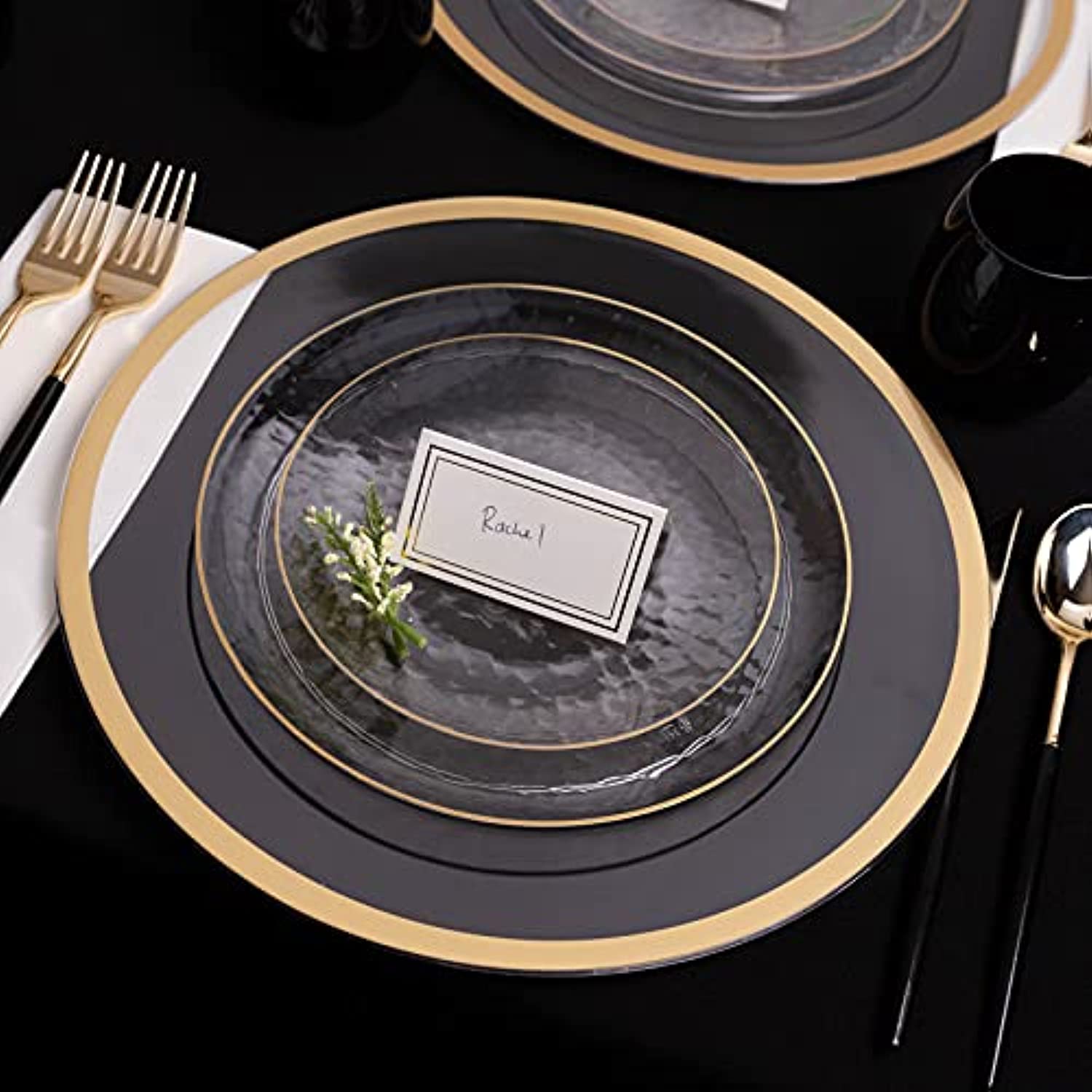 Plasticpro 64 Piece Combo Plates Set includes 32 7'' inch Plates & 32 9'' inch Plates Clear Plastic Organic Hammered Design Party Plates With Gold Rim, Premium heavyweight Elegant, Disposable, Dishes, 64 64 Plates (32 sets)