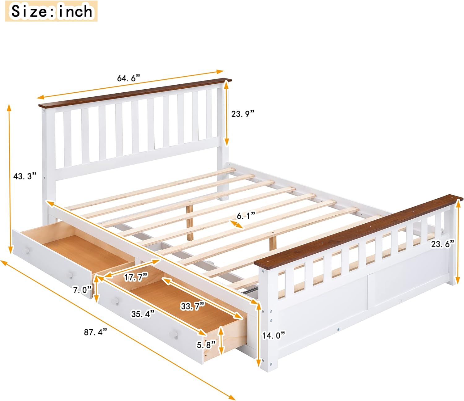 Queen Storage Bed, Queen Size Platform Bed With 2 Drawers And Wooden Slat Support, No Box Spring Needed (White+Walnut)