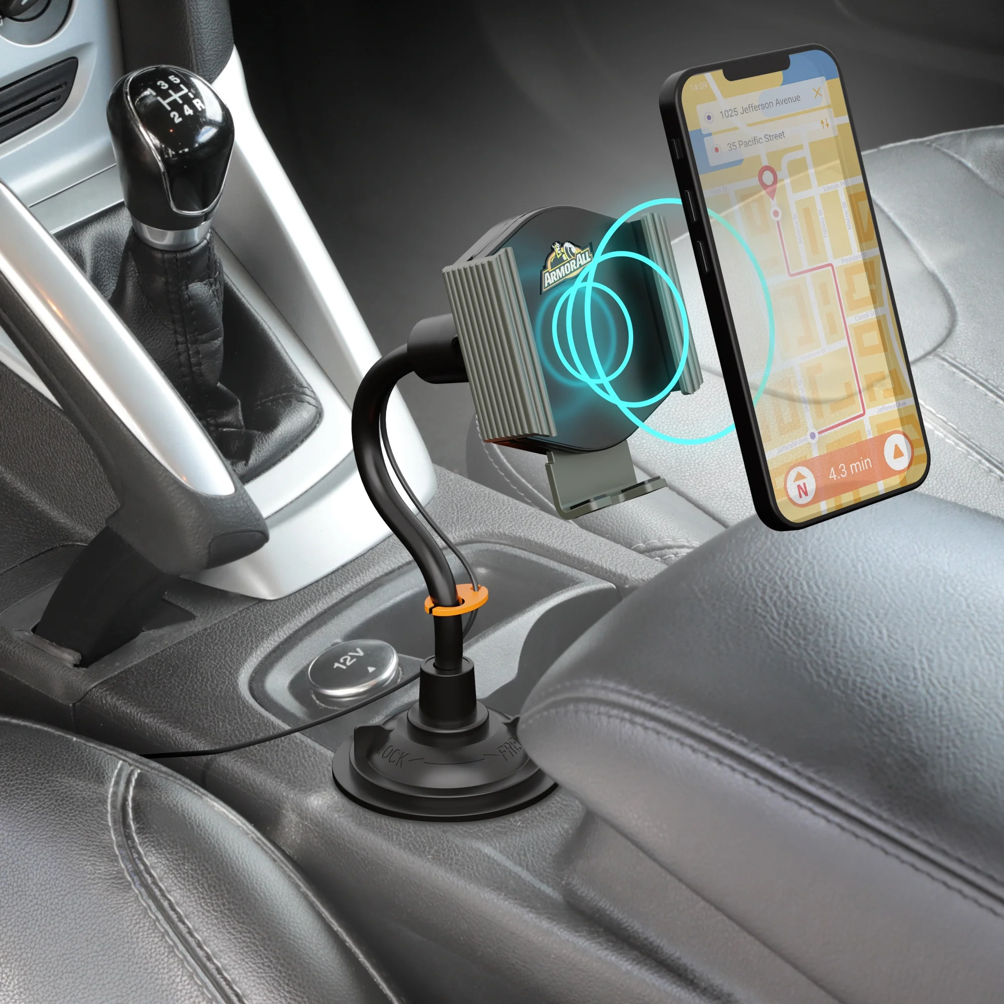 Armor All 10W Wireless Charging QI-Enabled Gooseneck Cup Holder Phone Mount, Adjustable Mount, Easily Fits Any Compatible Phone