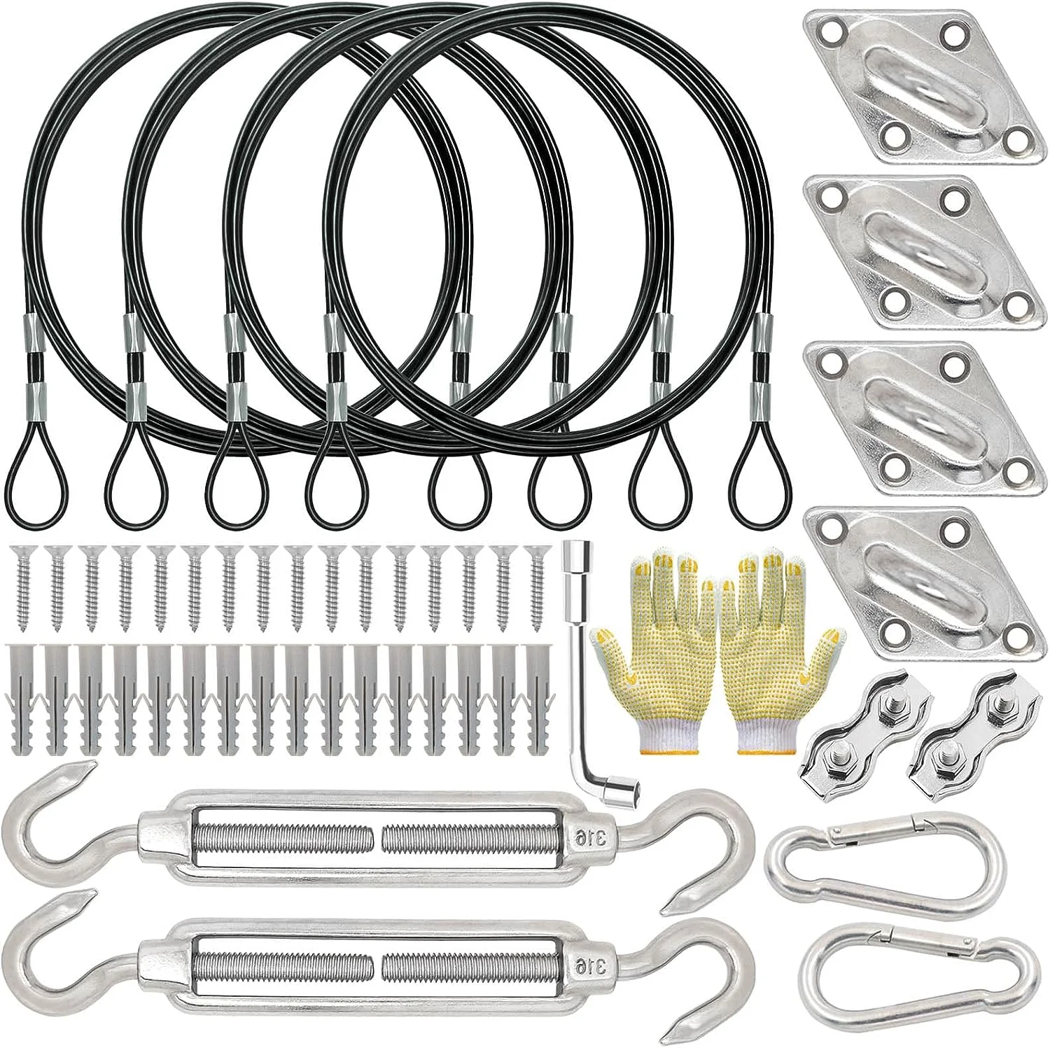 Upgrade 48 PCS T316 6 Inch Hardware Kit for Square & Rectangle Sun Shade Sail Canopy Awning Installation Installation Complete Set 48 Ft (12'x4) Extension Cable Wire Rope 316 Stainless Steel Anti Rust