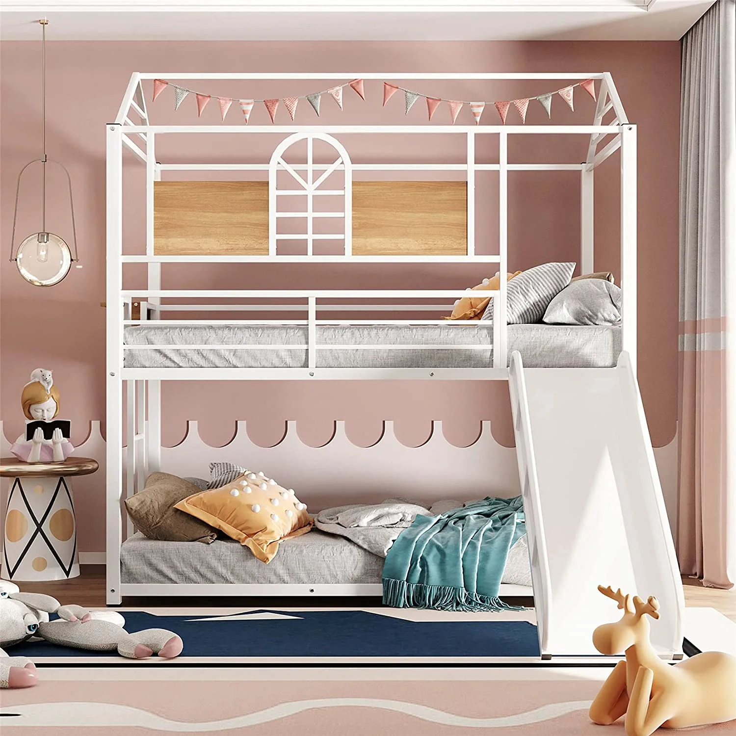 SOGES Twin Over Twin Metal Bunk Bed, Metal House bed with Slide, White