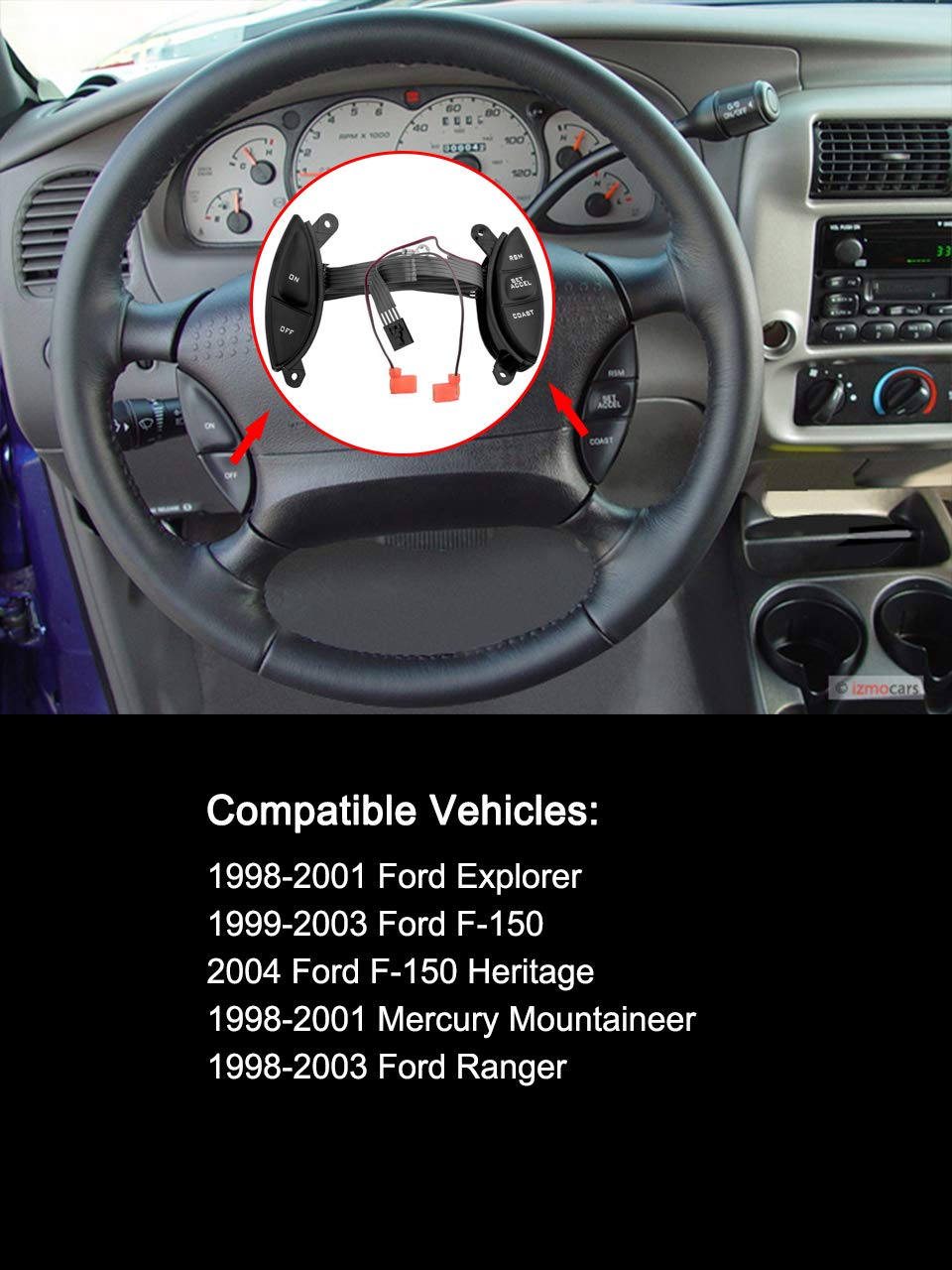 F87A9D809BA F87Z9C888BB Steering Wheel Mounted Cruise Control Switch Fits for Ford Explorer F-150 Ranger Mercury Mountaineer 1998-2004 Replace# F87A-9D809-BA 901-399