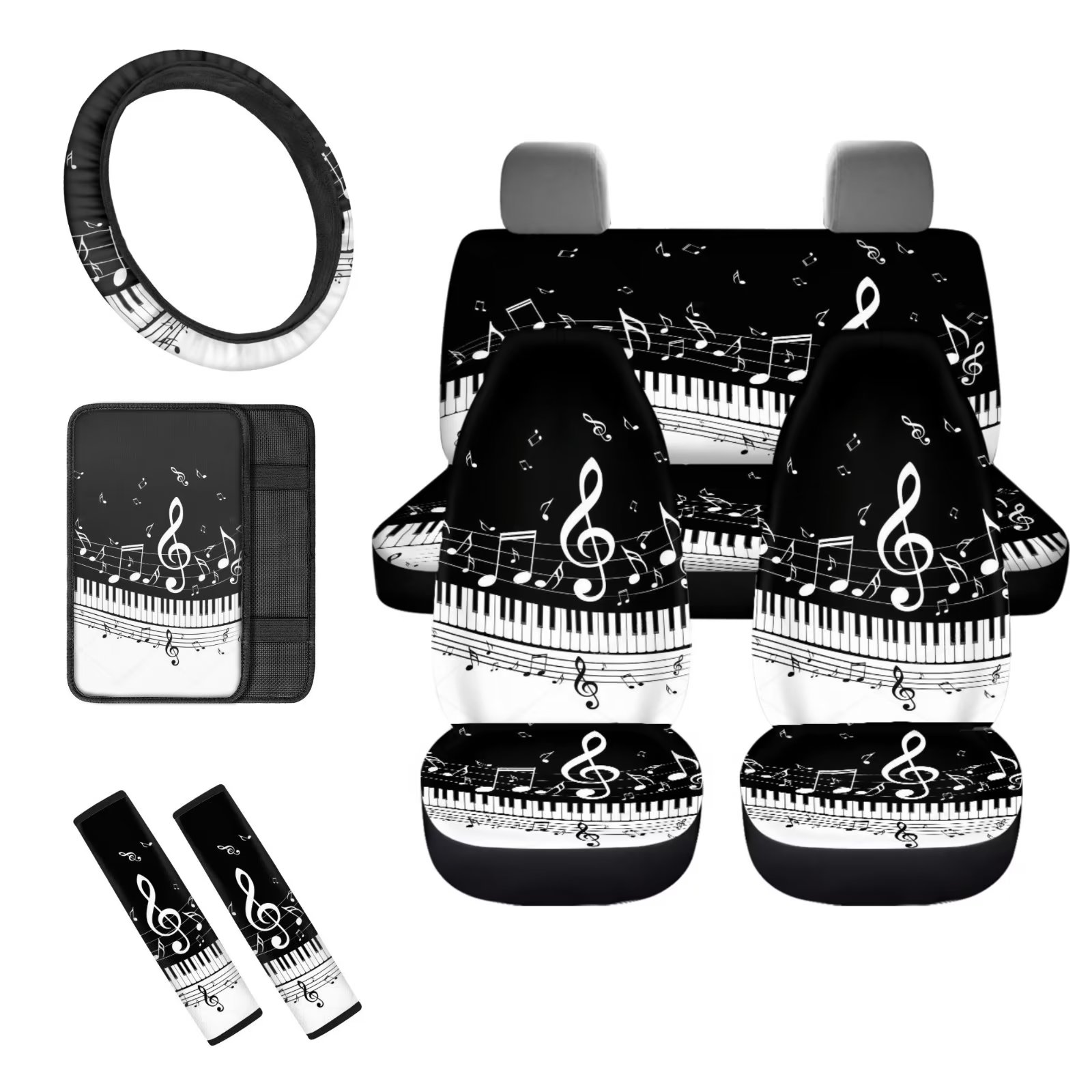 Binienty 8 Pieces Car Seat Cover Set Decor Accessories-Auto Music Note Steering Wheel Cover for SUV/Truck/Van,Front+Rear Split Seat Protection,Seatbelt Pad,Armrest Pad for Most Vehicles