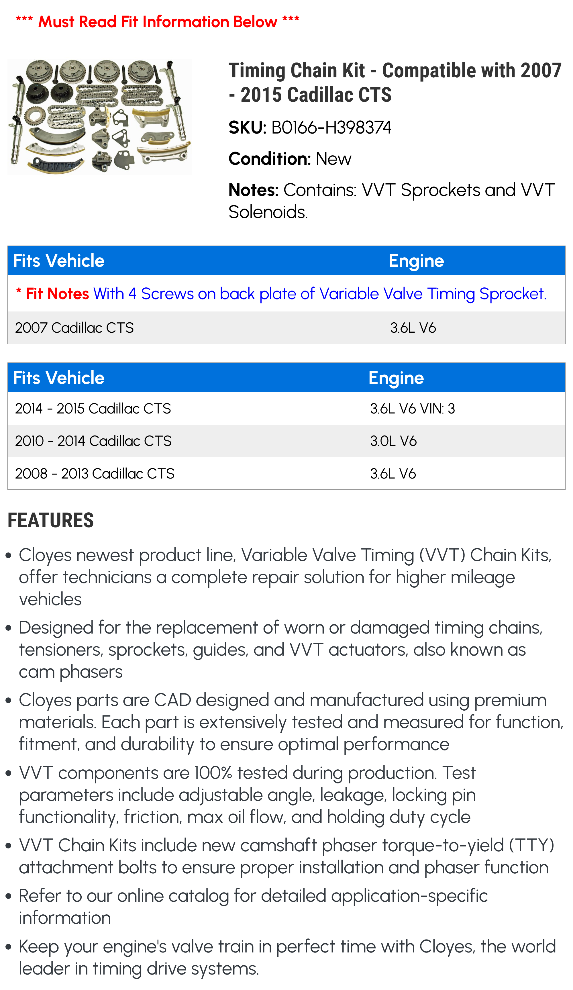 Timing Chain Kit - Compatible with 2007 - 2015 Cadillac CTS 2008 2009 2010 2011 2012 2013 2014