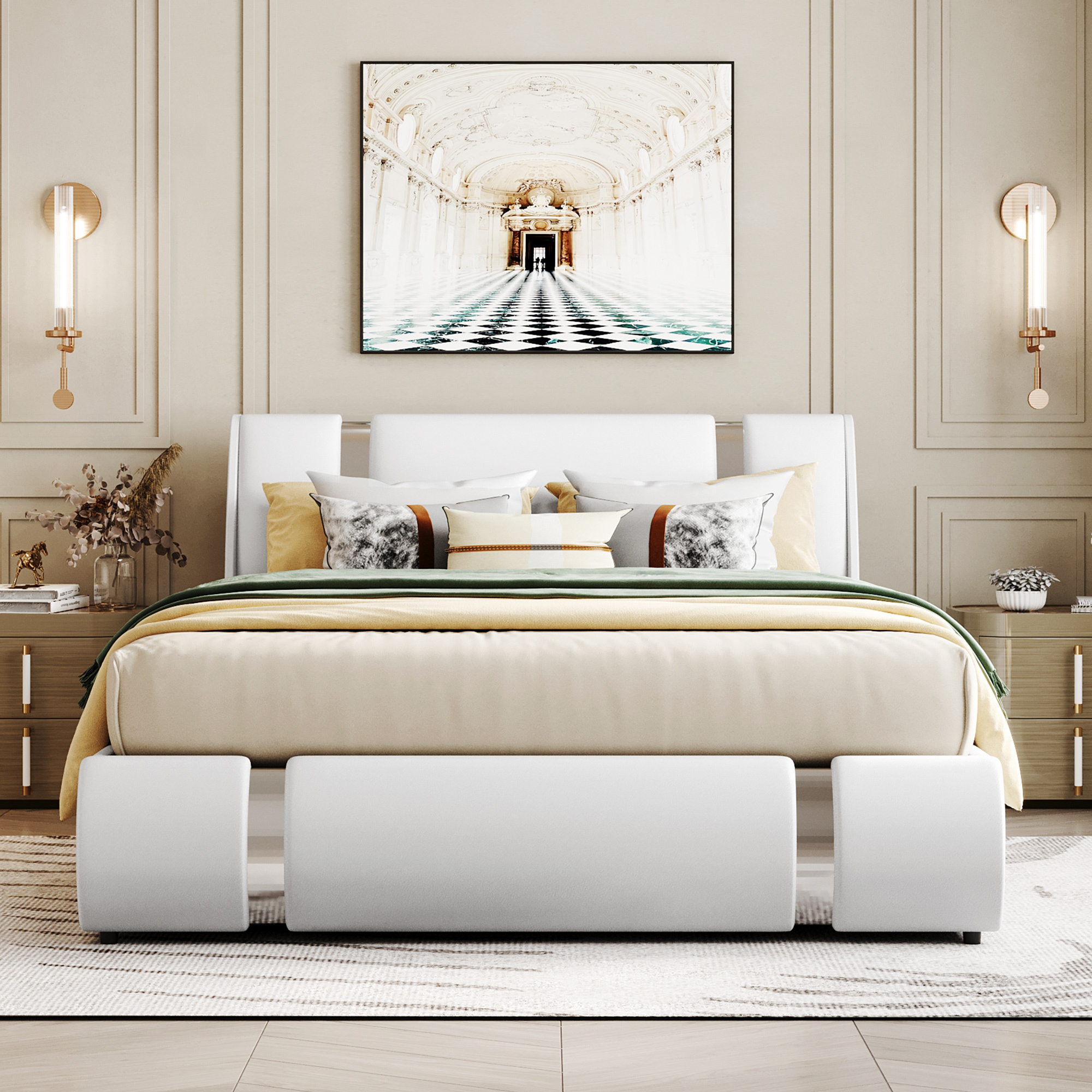 Dawn Whisper Queen Size Upholstered Faux Leather Platform bed with a Hydraulic Storage System, White