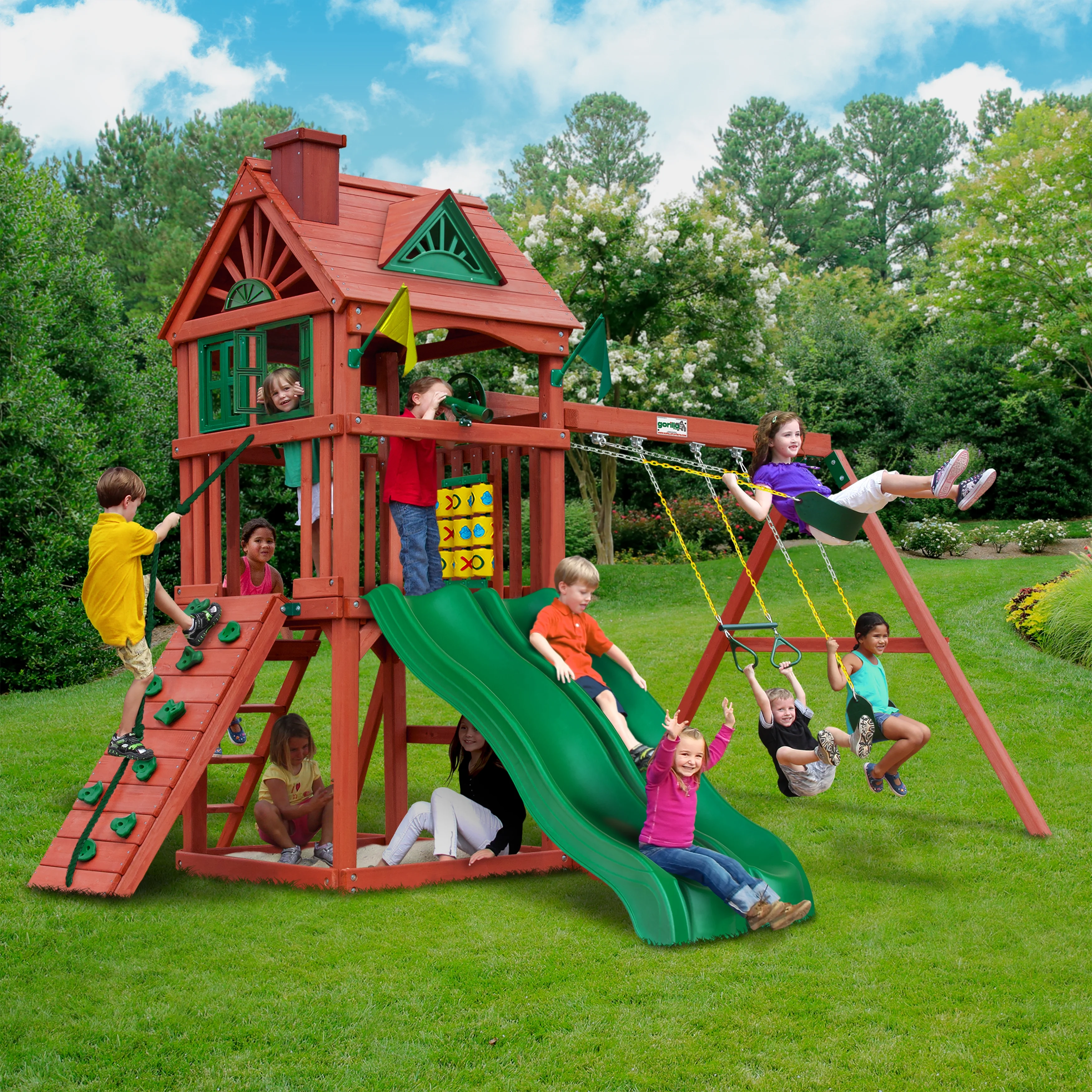 Gorilla Playsets Double Down II Wooden Swing Set with 2 Slides, Built-in Sandbox Area, and Accessories