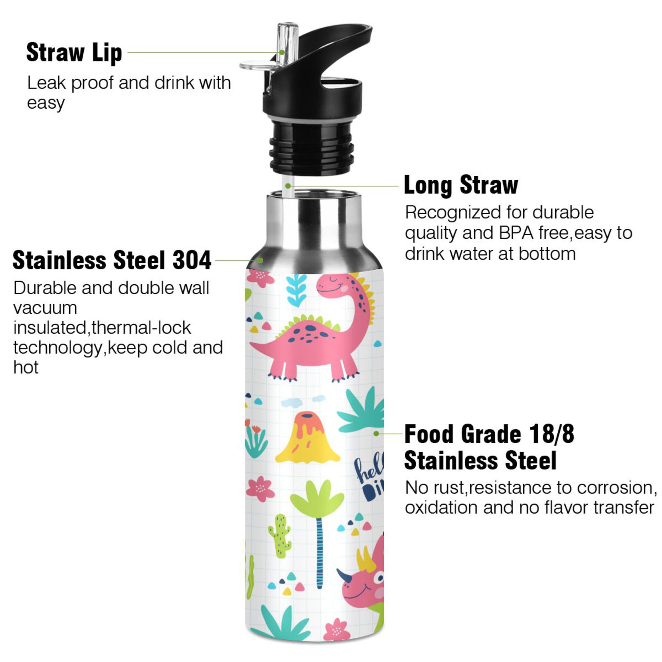 Water Bottle with Straw Lid Leak Cute Dinosaurs Plam Tree Floral Stainless Steel Insulated Thermos Vacuum Flask for Cold Hot Drinking for Sports Camping Gym Yoga