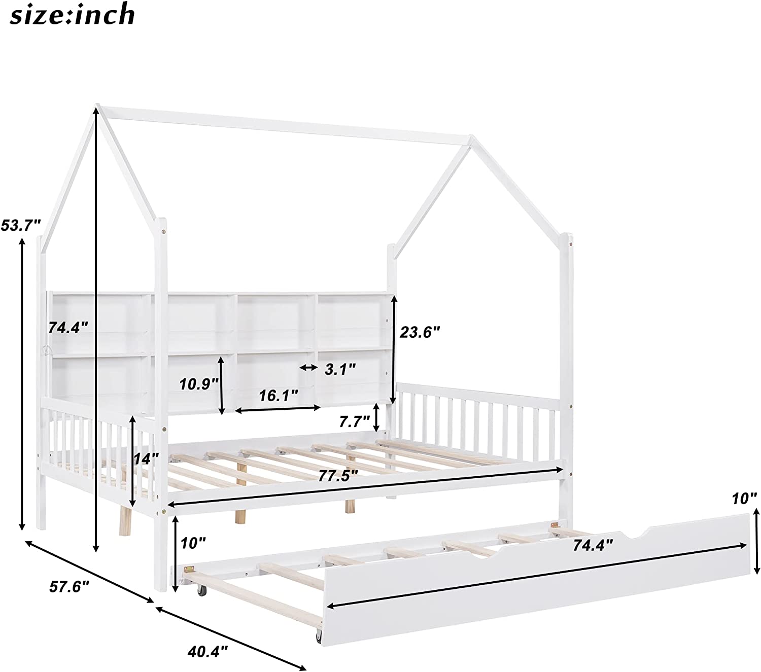 Full Size Wooden House Bed,Solid Wood Full Bed Frames with Trundle and Shelf,Kids House Bed
