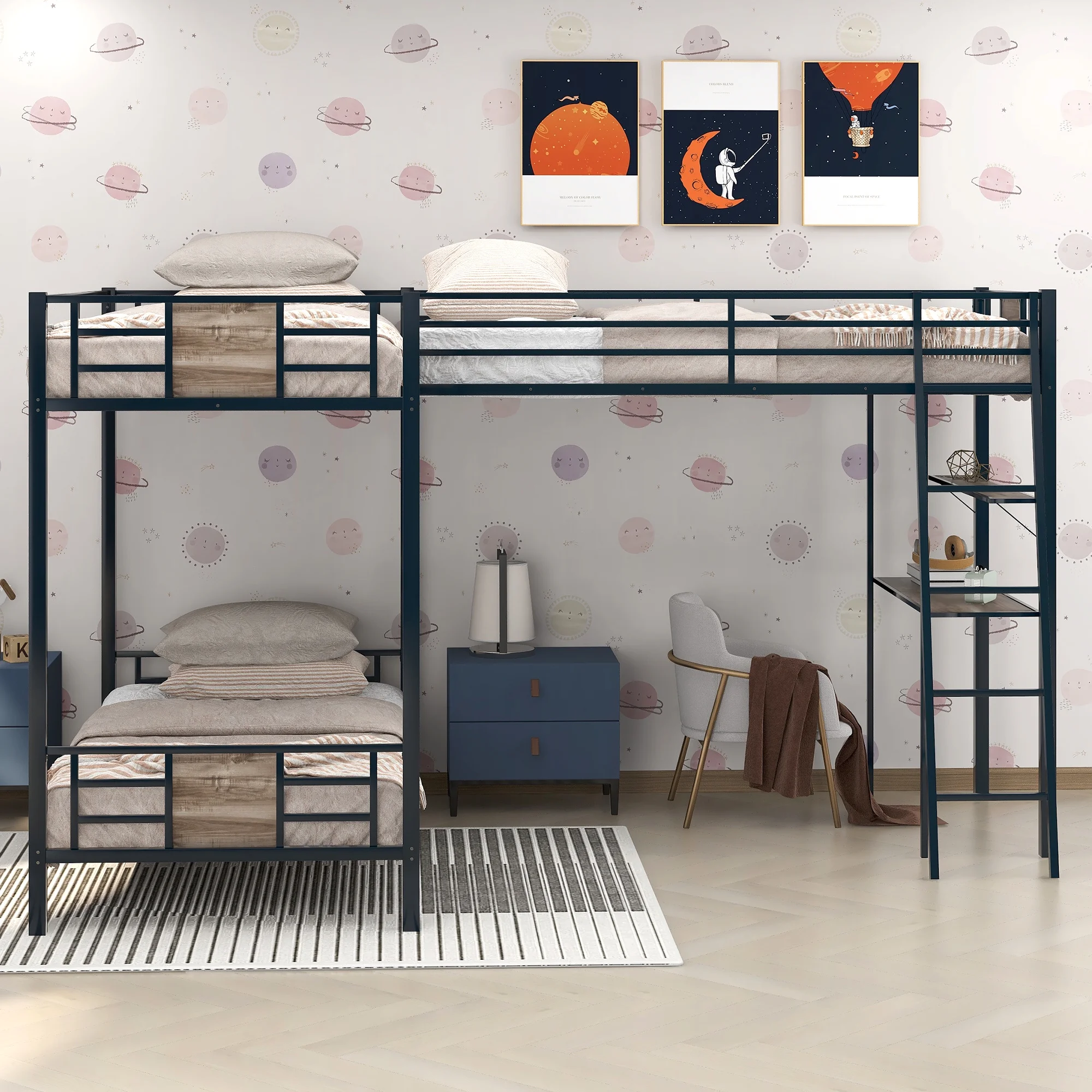 Twin over Twin Metal MDF L-Shaped Bunk Bed with a Loft Attached, Triple Bedframe with Desk, Shelf, Guardrails, and Ladders