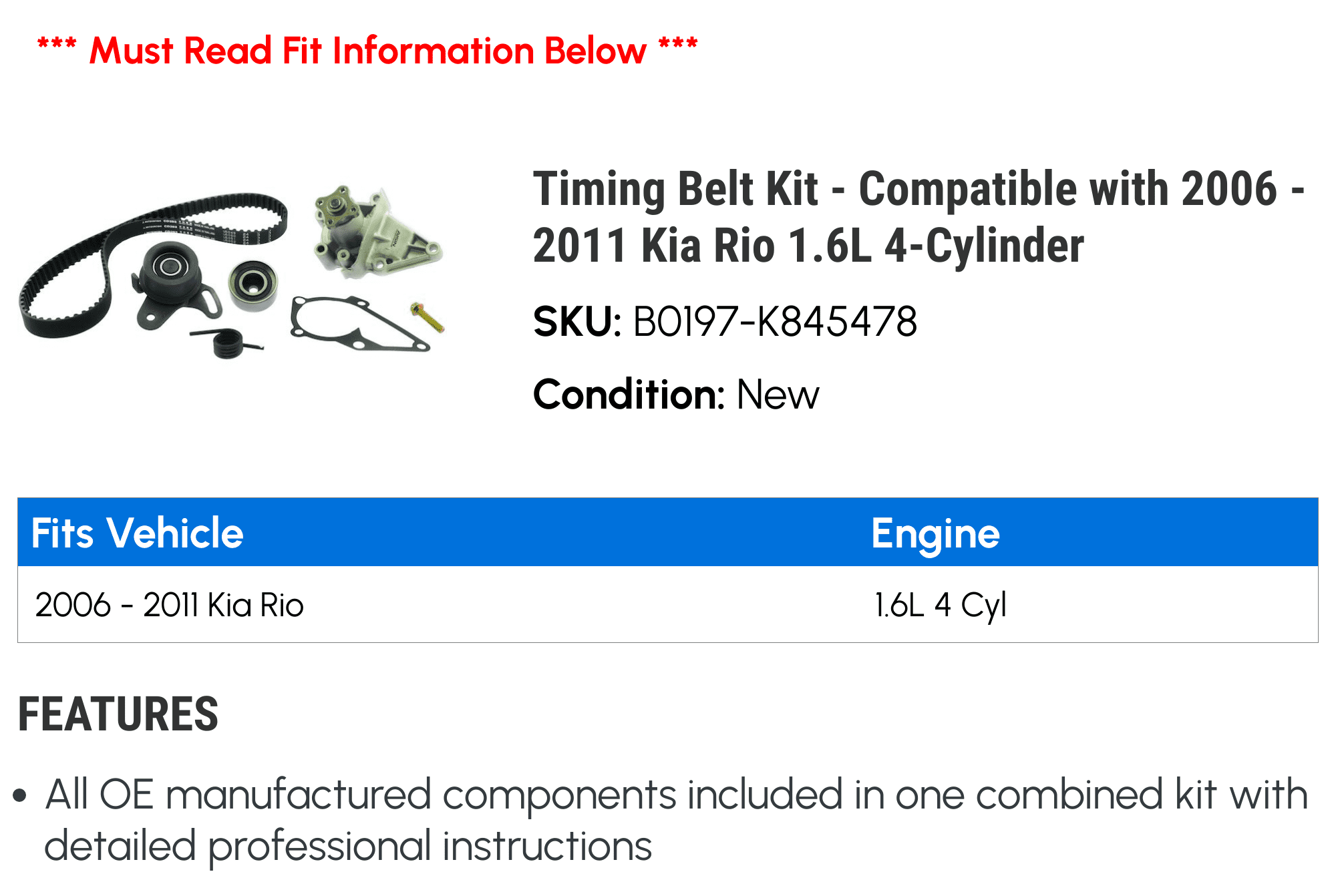 Timing Belt Kit - Compatible with 2006 - 2011 Kia Rio5 1.6L 4-Cylinder 2007 2008 2009 2010