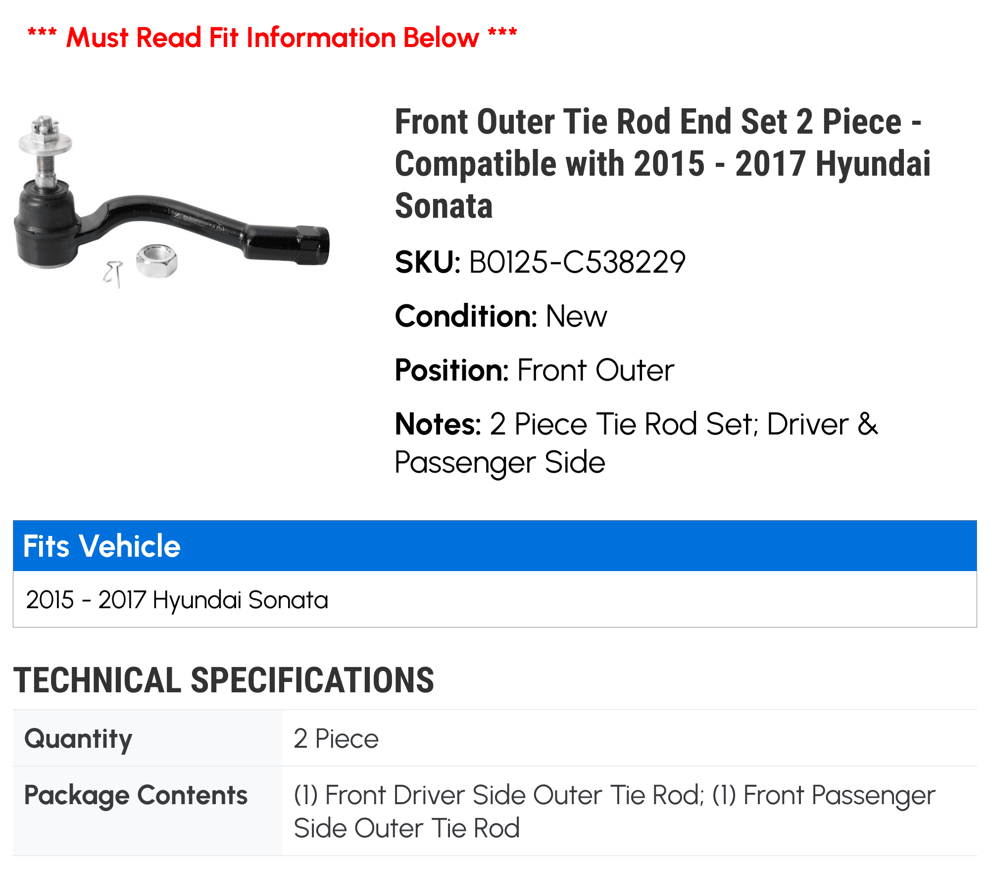 Front Outer Tie Rod End Set 2 Piece - Compatible with 2015 - 2017 Hyundai Sonata 2016