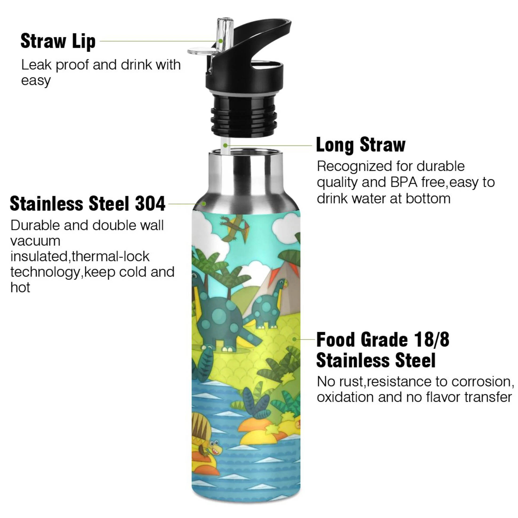 Stainless Steel Water Bottle Dinosaur Land with Straw Lid Vacuum Insulated Keeps Hot and Cold Leak Proof Flask Jug for Gym Travel Sports Cycling Outdoor 20 OZ