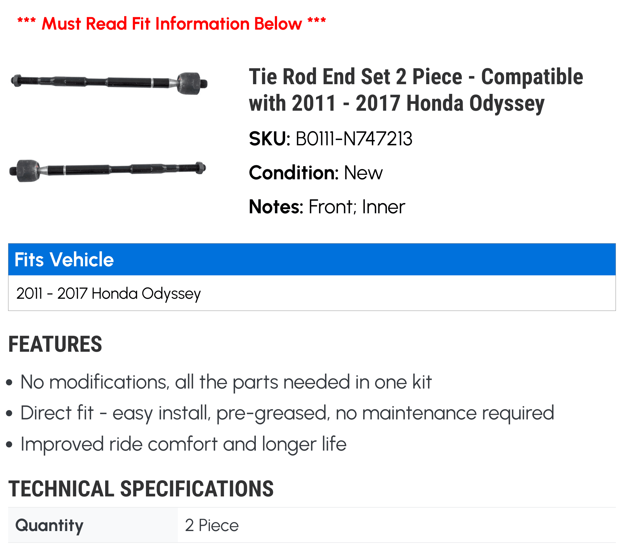 Tie Rod End Set 2 Piece - Compatible with 2011 - 2017 Honda Odyssey 2012 2013 2014 2015 2016