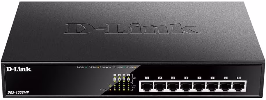 D-Link 8-Ports Gigabit Unmanaged Desktop Rack Mountable Switch with 8 PoE Ports - Fanless Design 125 Watt PoE Budget (DGS-1008MP)
