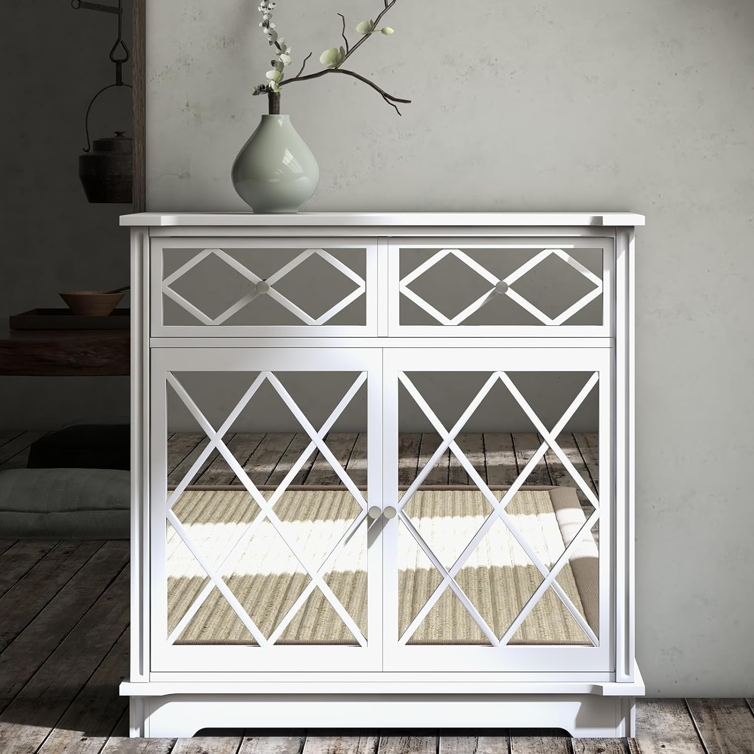 QCAI 3 Drawer Dresser White, Sideboard Buffet Cabinate, Mid-Century Storage Cabinate with Wide Storage Space for Living Room, Bedroom, Dinning Room, Entryway Hallway