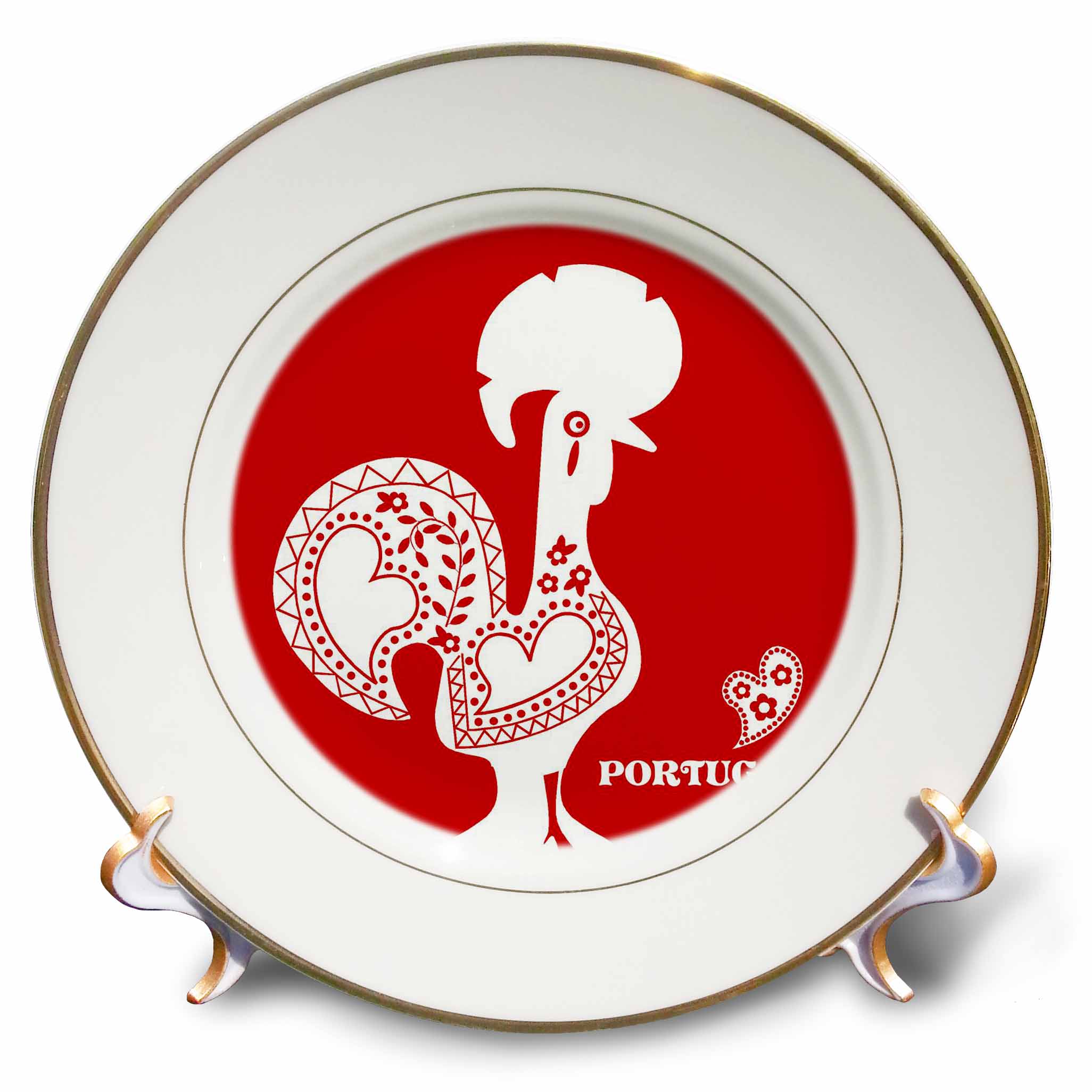 3dRose Red and white Portuguese Rooster - Porcelain Plate, 8-inch
