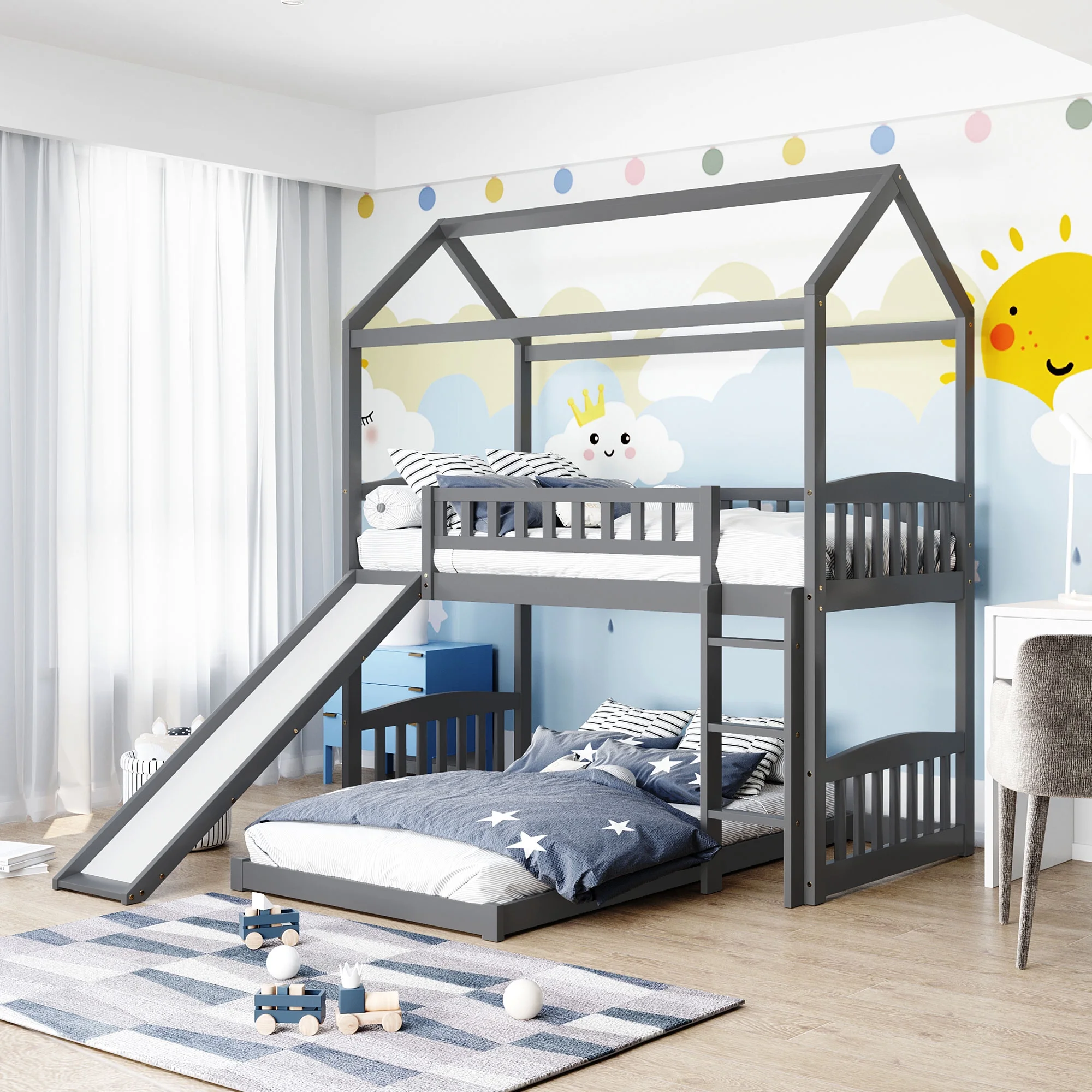 Gray Twin Over Twin House Bunk Bed with Slide