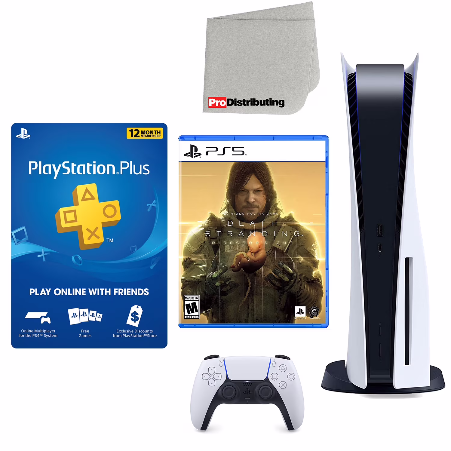 Sony Playstation 5 Disc Version (Sony PS5 Disc) with 12-Month PSN Membership, Death Stranding Director's Cut and Microfiber Cleaning Cloth Bundle