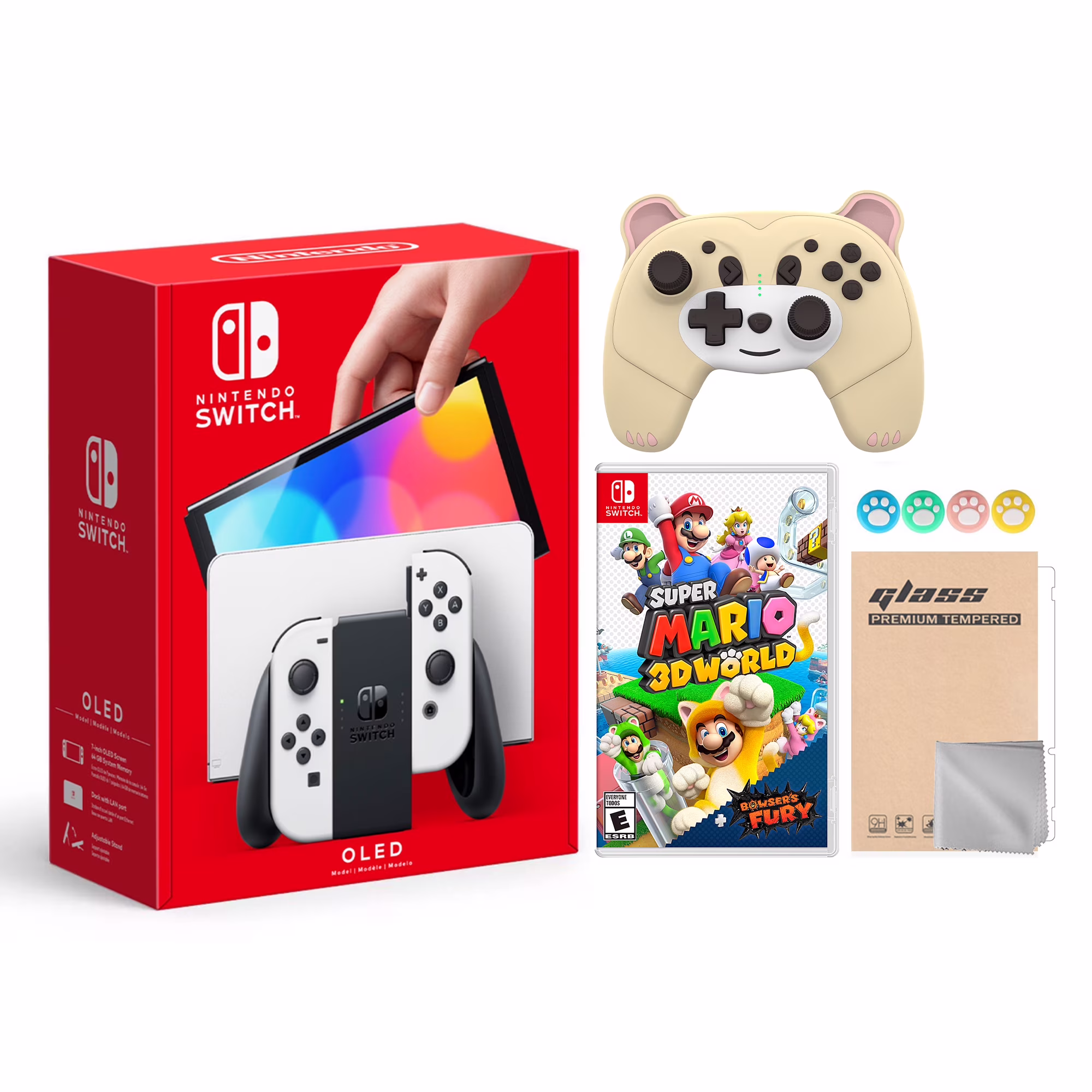 2021 New Nintendo Switch OLED Model White Joy Con 64GB Console Improved HD Screen & LAN-Port Dock with Super Mario 3D World + Bowser's Fury And Mytrix Wireless Pro Controller and Accessories