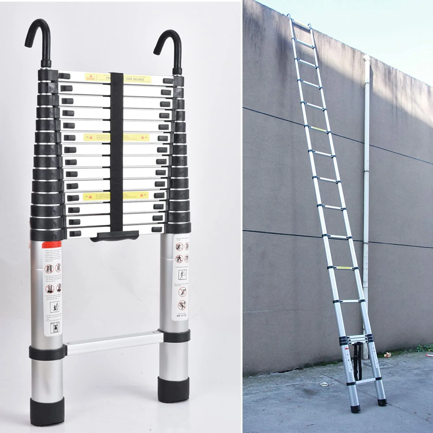 Bowoshen 16.5Ft Aluminum Telescoping Ladder,2 Detachable Hooks Multi-Use Retractable Foldable Extension Step Attic Ladder,330lbs Load Capacity,BS1