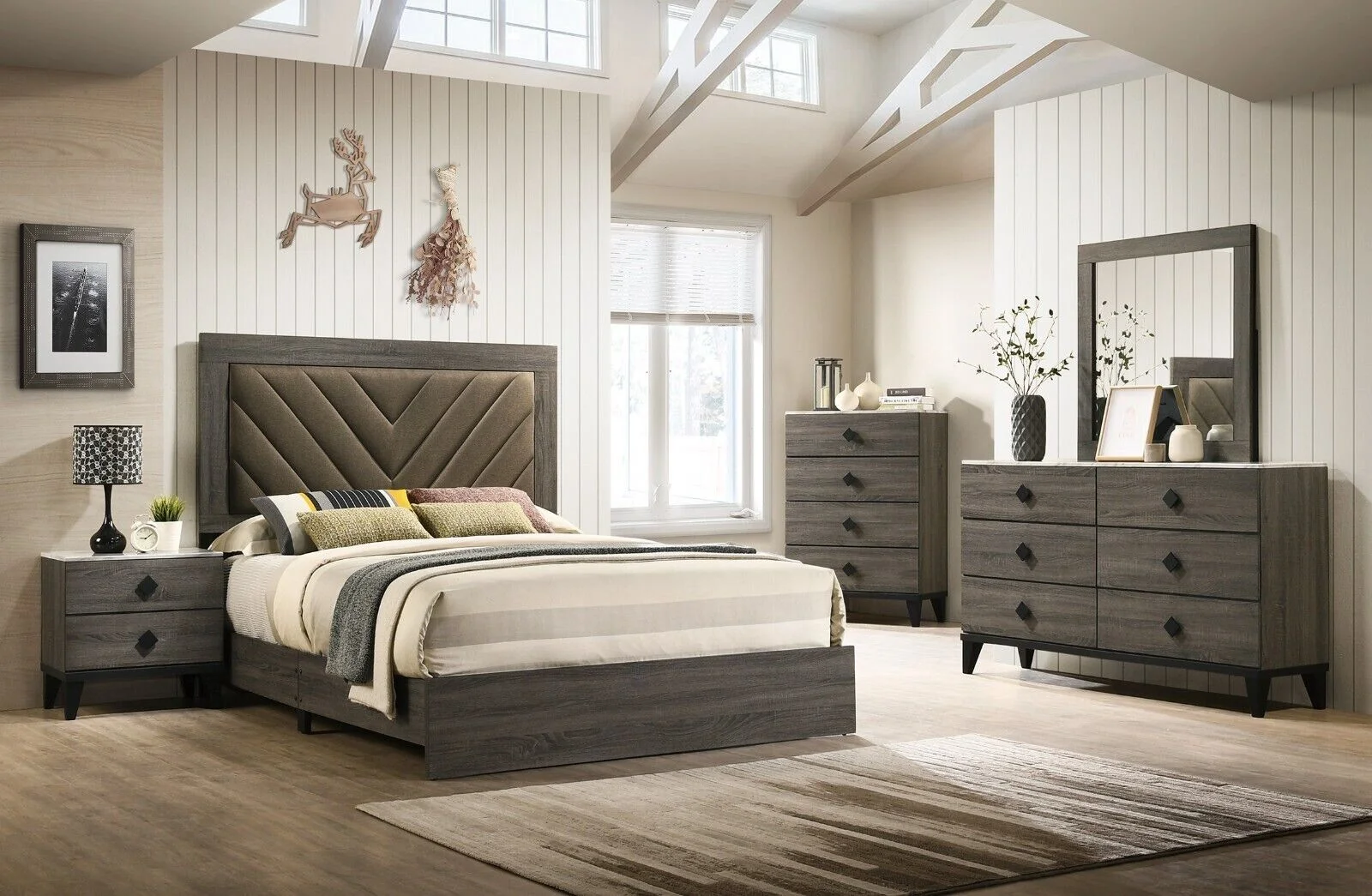 Transitional Style Grey Queen Size Bed 4pc Set Dresser Mirror Nightstand Bedroom Furniture Wooden Upholstered HB