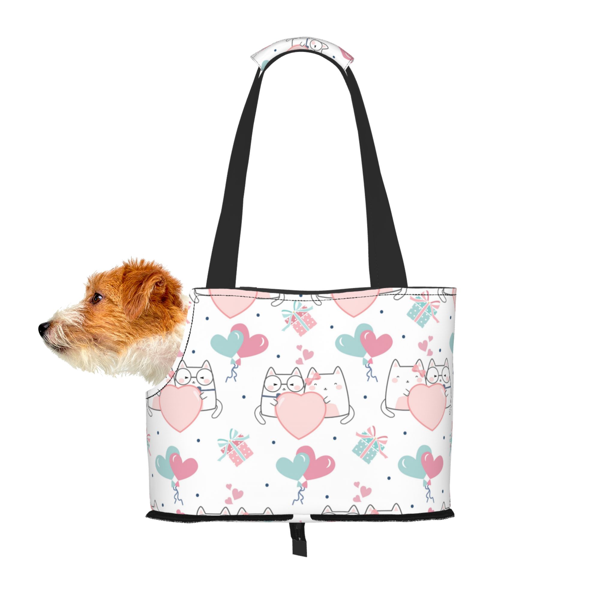 TEQUAN Foldable Dog Purse Carrier, Collapsible Cartoon Cats Hearts Prints Pet Travel Tote Bag for Small Cat Puppy, Waterproof Dog Soft-Sided Carriers