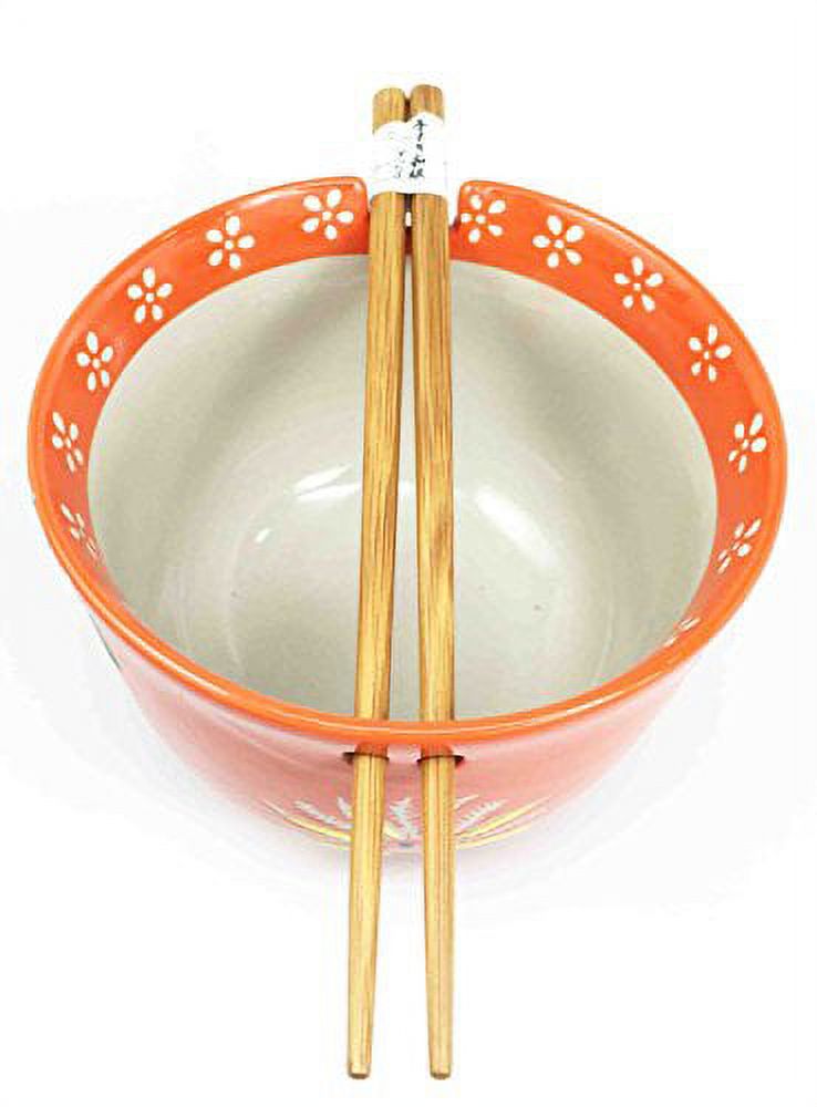 Japanese Design Orange Flower Blossoms Ceramic Ramen Udong Noodle Soup Bowl and Chopsticks Set Great Gift For College Students Housewarming Ramen Lovers Asian Living Home Decor