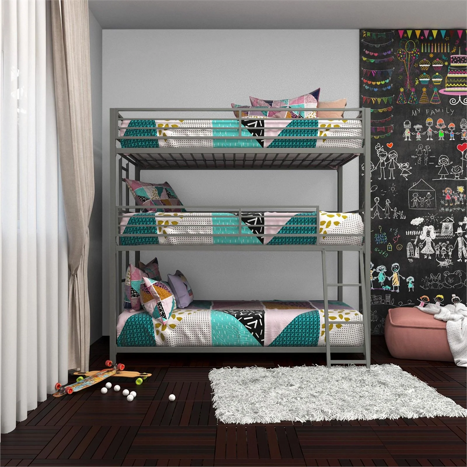 Pemberly Row Contemporary Triple Twin Metal Bunk Bed in Silver