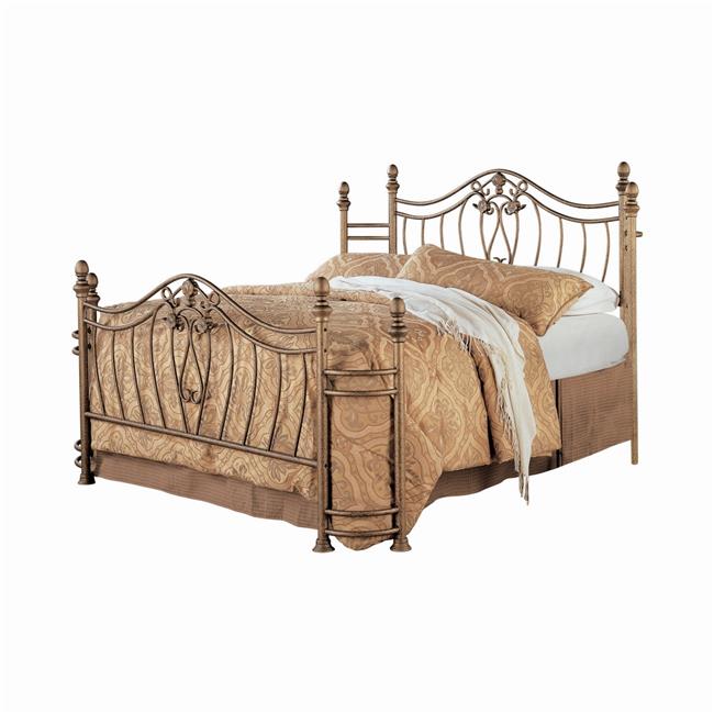 Swirling Floral Motifs Kish King Size Metal Bed with Acorn Finials, Antique Gold