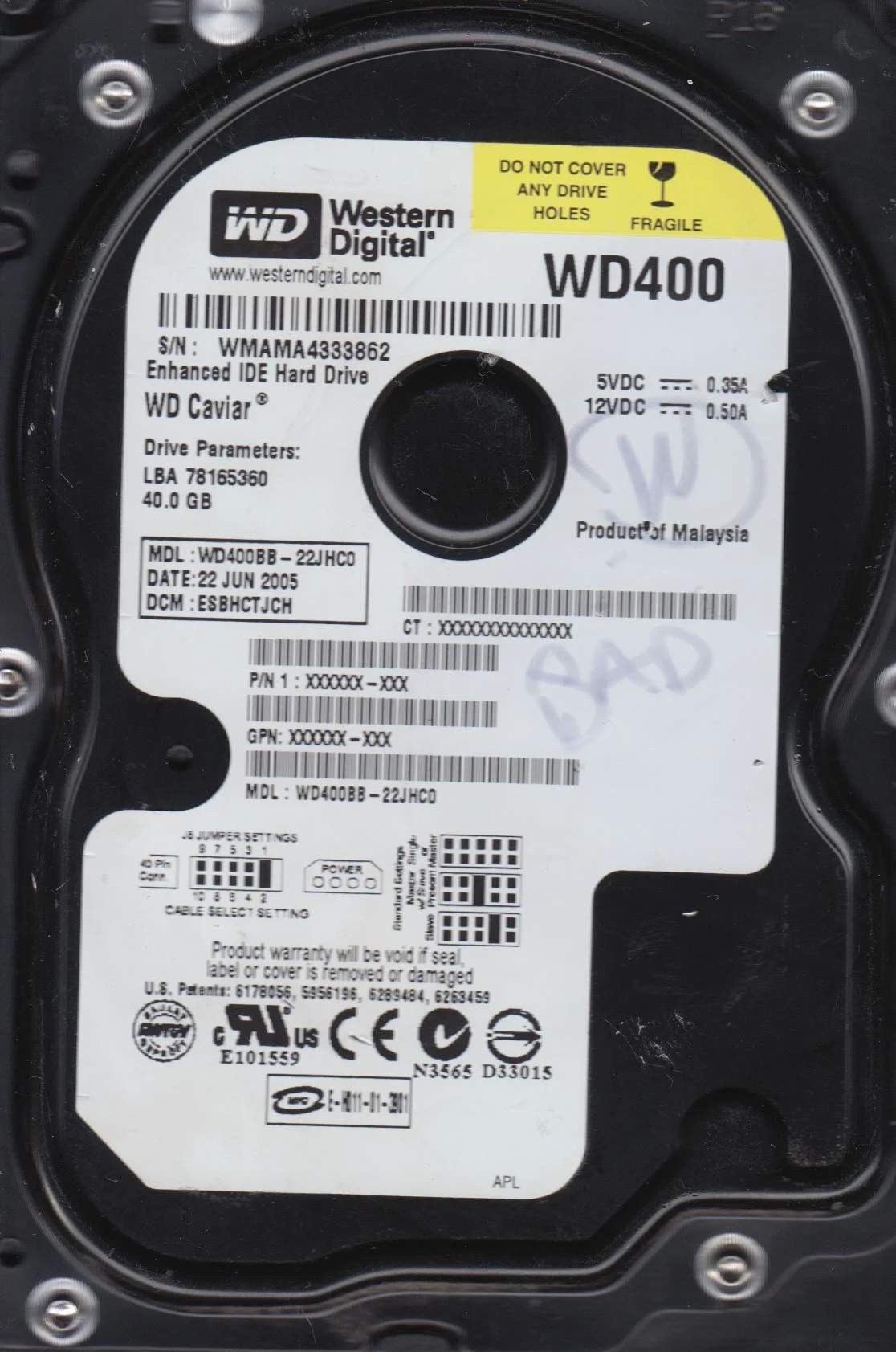 WD400BB-22JHC0, DCM ESBHCTJCH, Western Digital 40GB IDE 3.5 Hard Drive