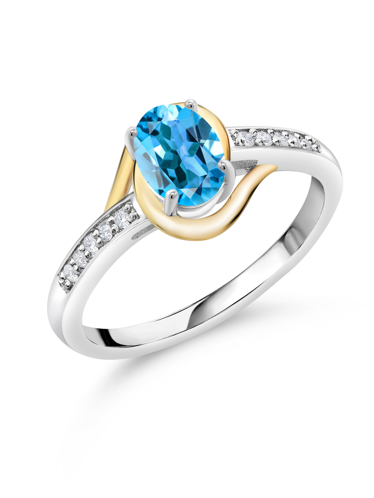 Gem Stone King 10K Yellow Gold and 925 Sterling Silver Swiss Blue Topaz and White Lab Grown Diamond Engagement Ring For Women (1.08 Cttw, Available In Size 5, 6, 7, 8, 9)