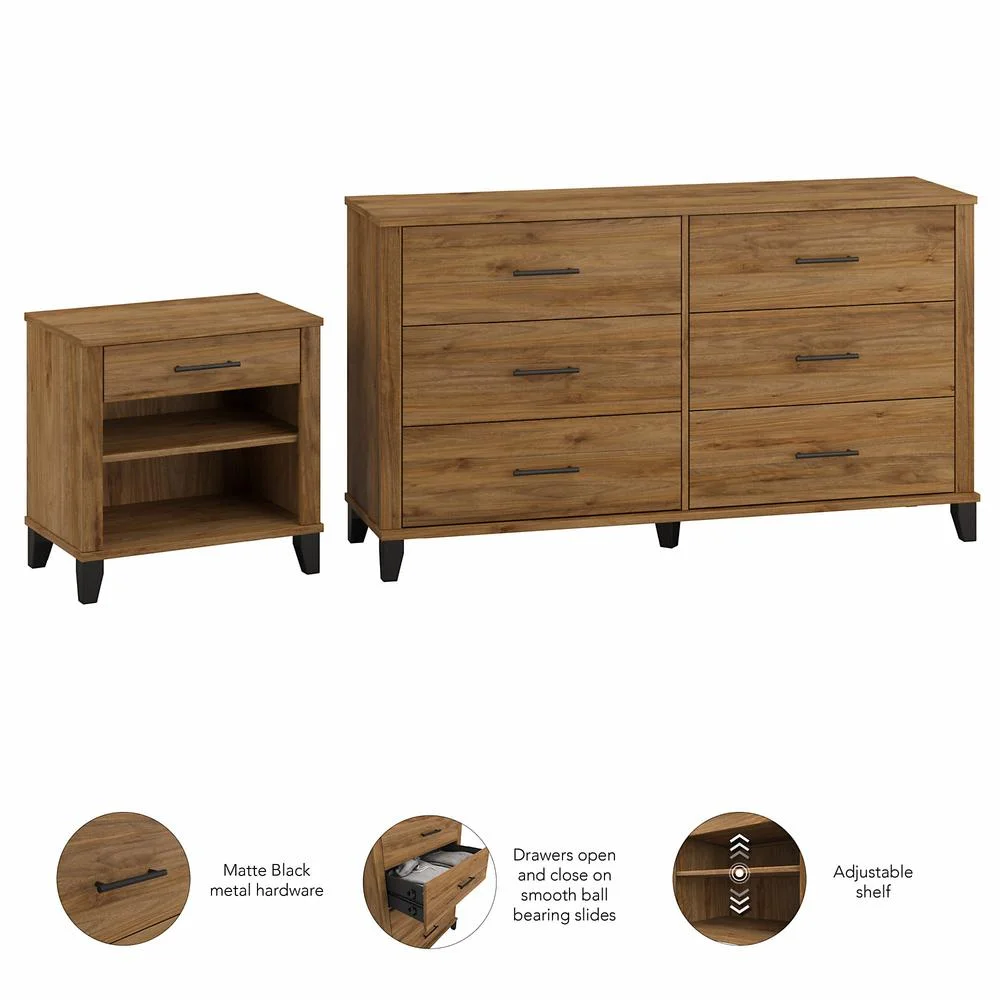 Somerset 6 Drawer Dresser and Nightstand Set in Fresh Walnut - Engineered Wood