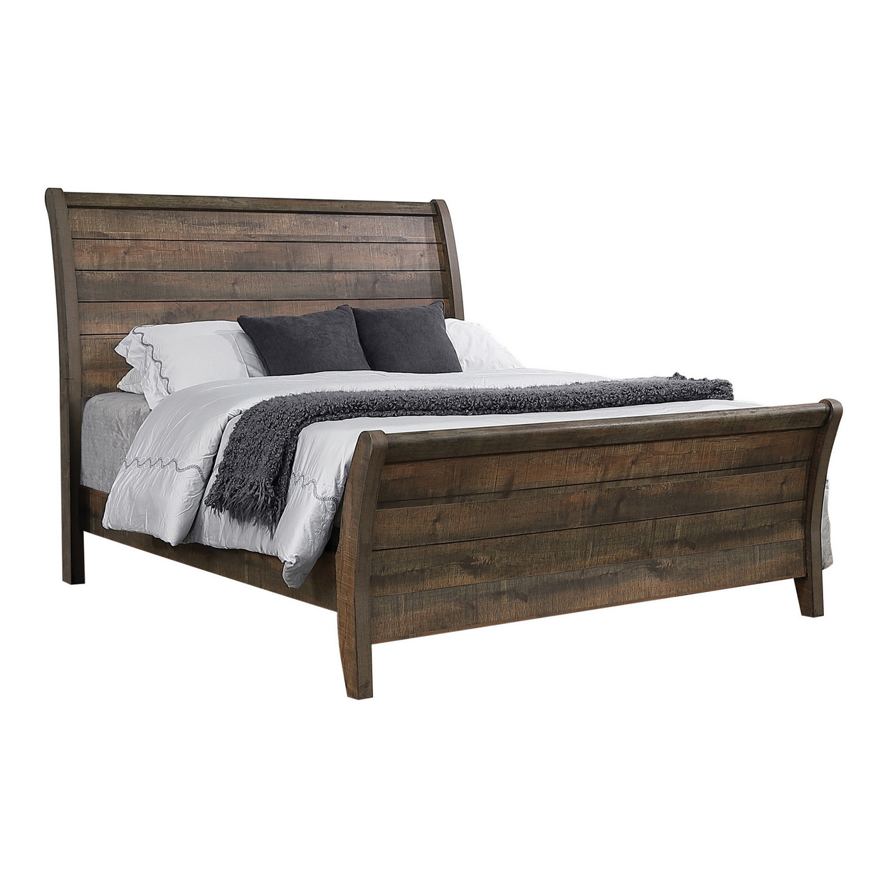Que Wood Queen Size Bed with Curved Plank Sleigh Design, Rustic Brown- Saltoro Sherpi