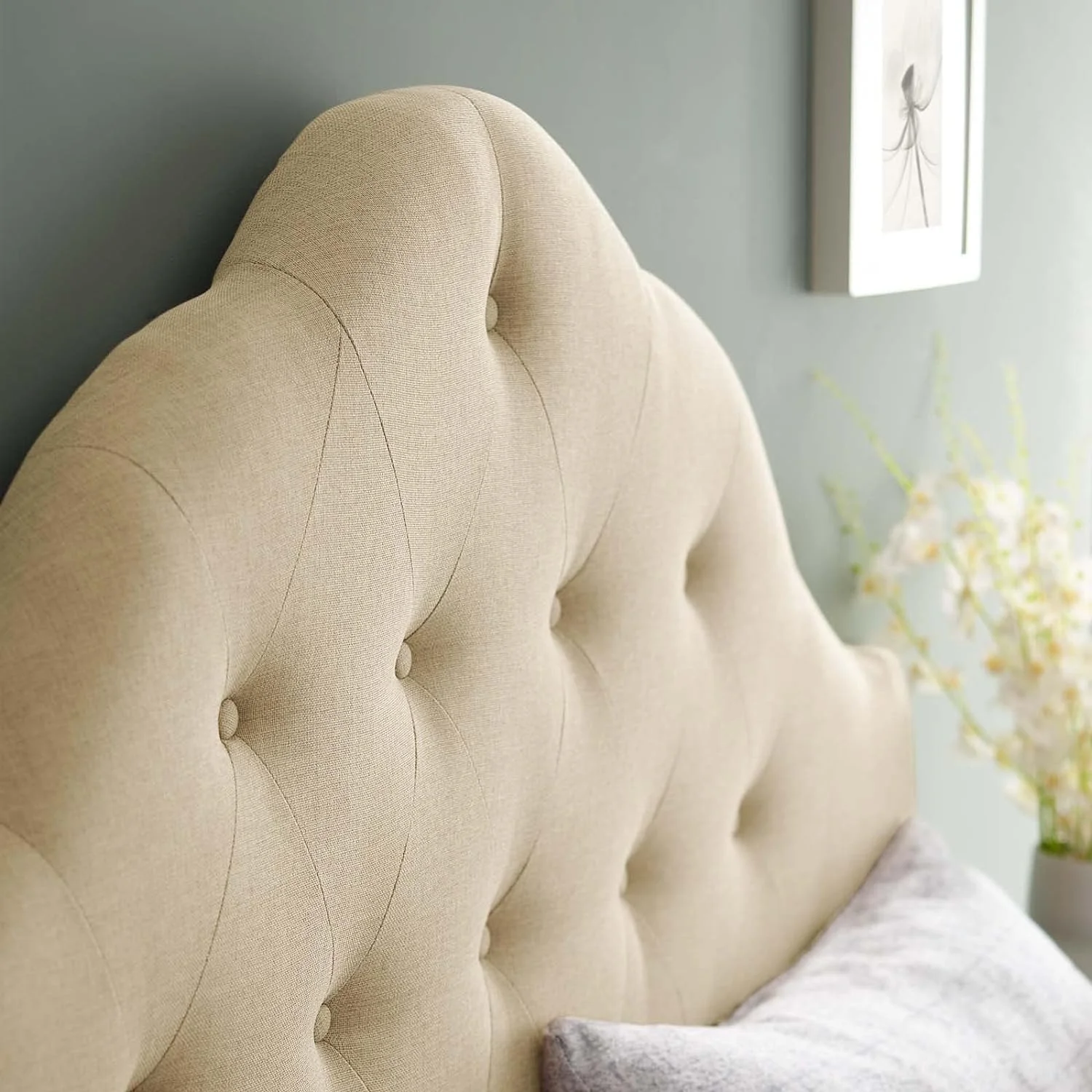 Sovereign Tufted Button Linen Fabric Upholstered King Headboard In Beige
