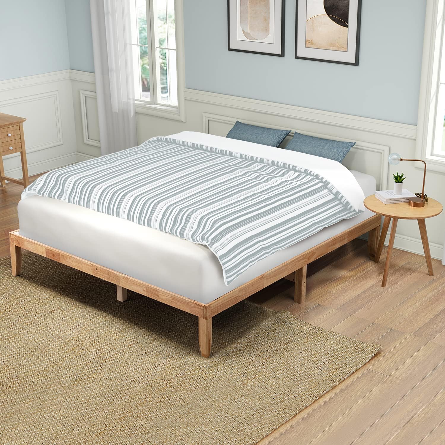 Wood Platform Bed Frame Solid Wood Foundation No Box Spring Needed Wooden Slat Support Oak Wood Natural Finish Home Bedroom Furniture Platform Base