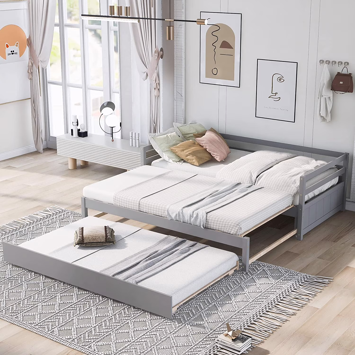 Daybed With Trundle Wood Extendable Day Bed Frame To Double Size Daybeds Wooden Sofa Beds For Living Room Bedroom, Gray