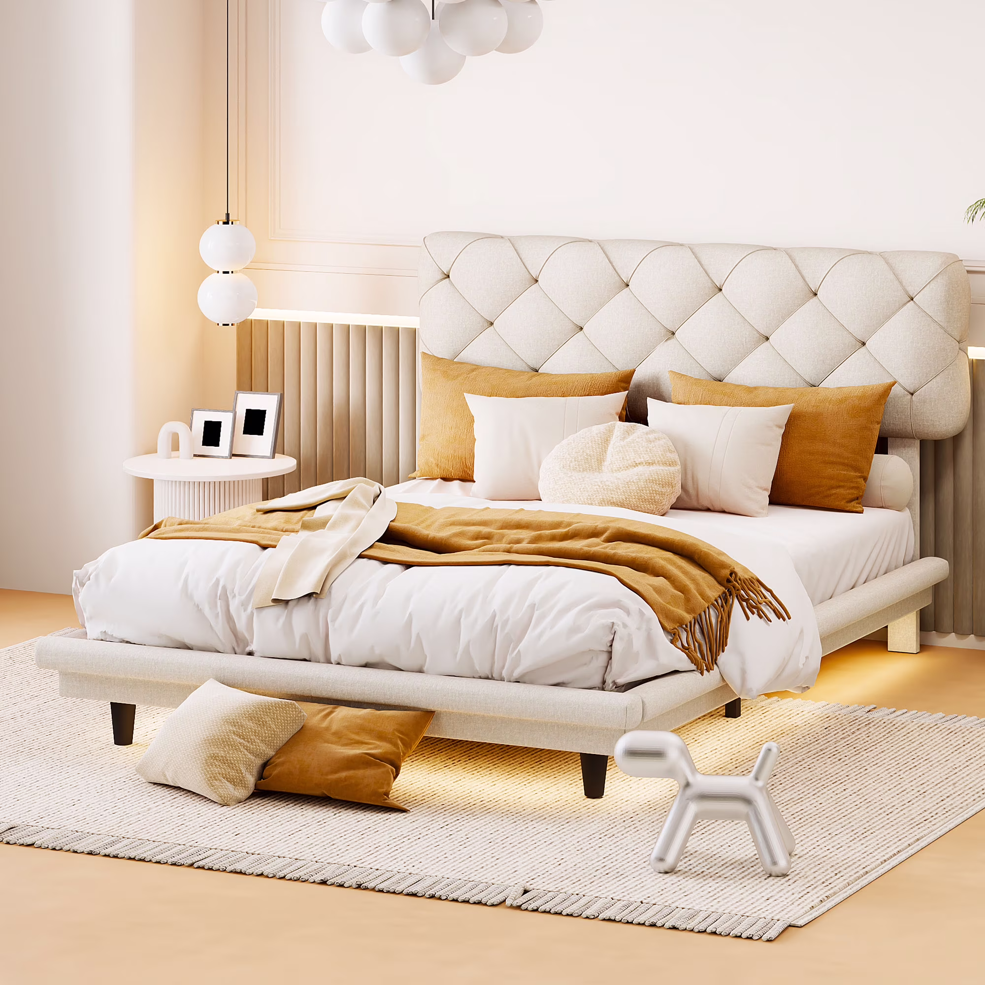 CoSoTower Full Size Upholstered Bed with Light Stripe, Floating Platform Bed, Linen Fabric,Beige