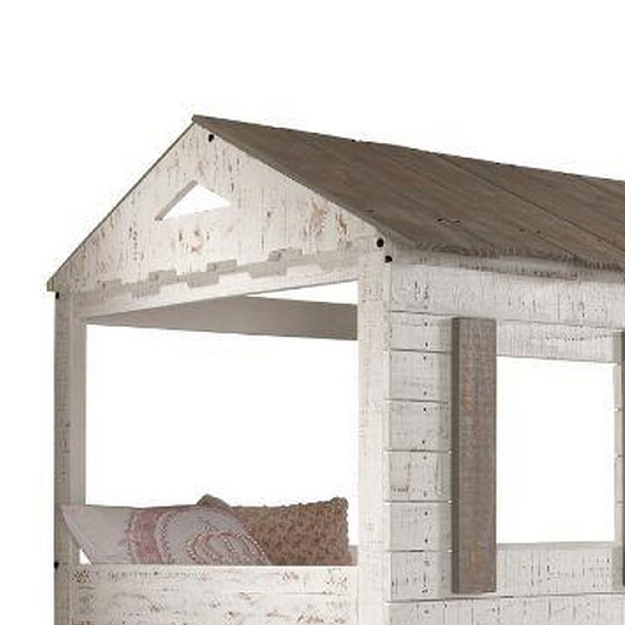 Wooden Twin Bunk Bed with House Design, White and Brown