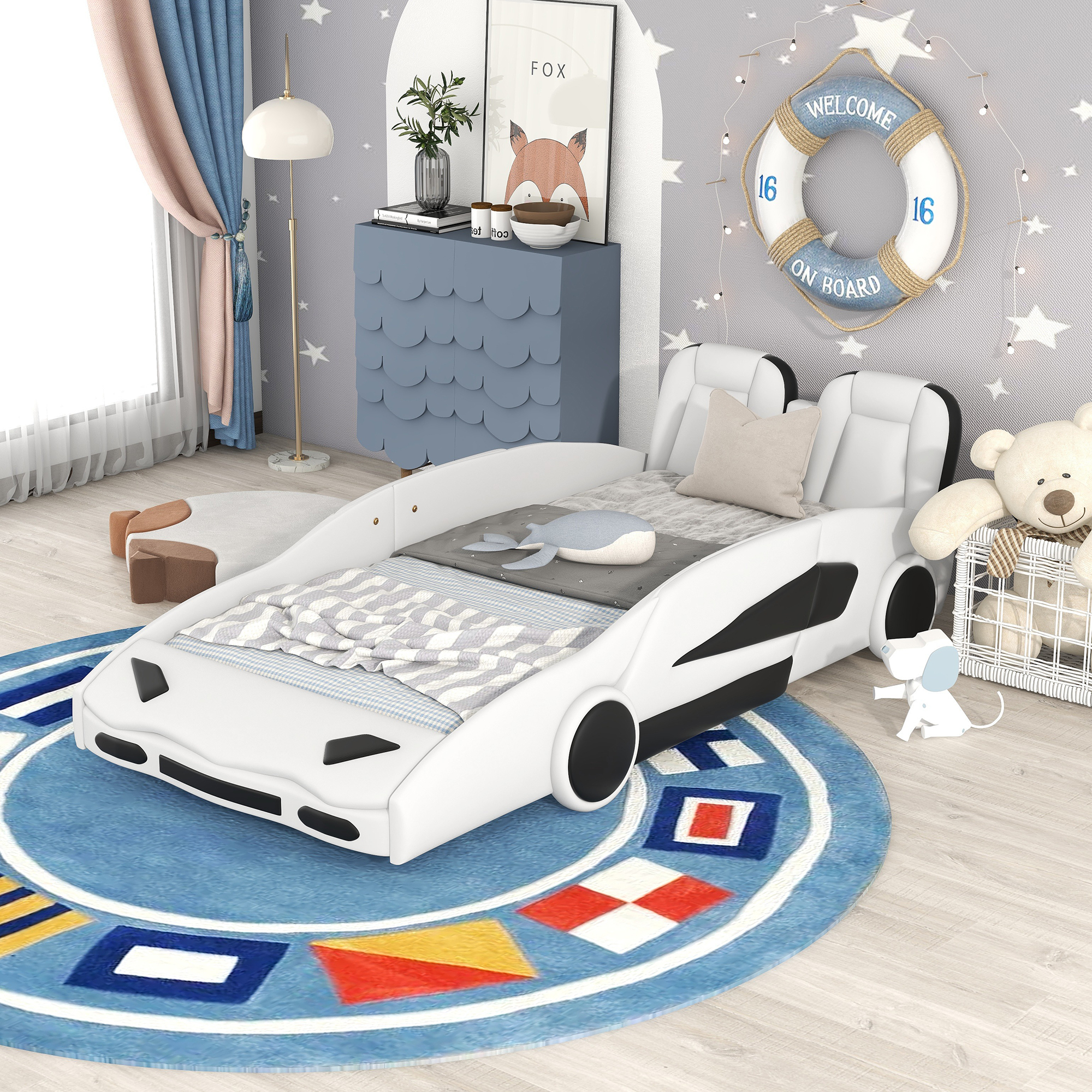 Dawn Whisper Twin Size Race Car-Shaped Platform Bed with Wheels, White