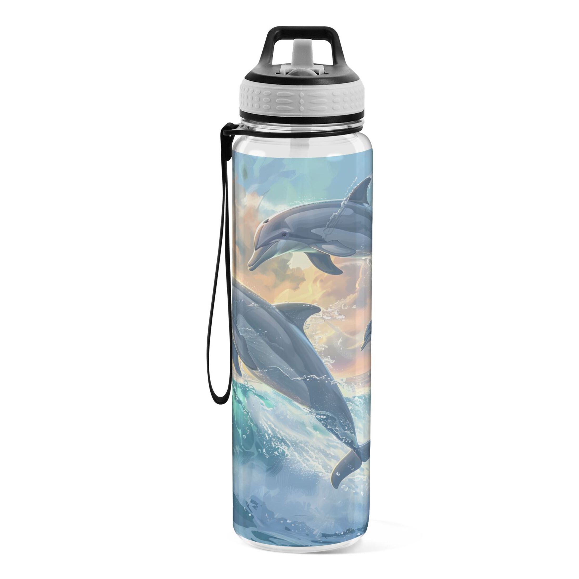 Beautiful Dolphins Jumped 32oz Water Bottles with Straw Tritan Leakproof Sports Bottle BPA Free Clear for Fitness Gym Swimming Cycling