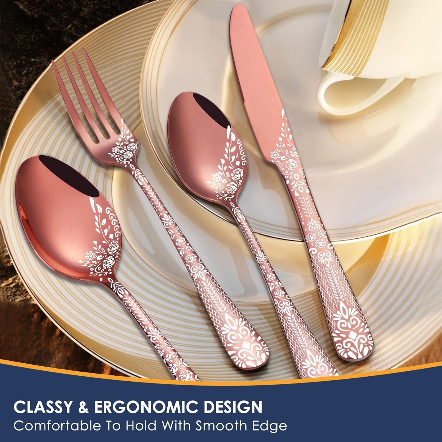 24-piece Flatware Set, Unique Pattern Design Rose Gold
