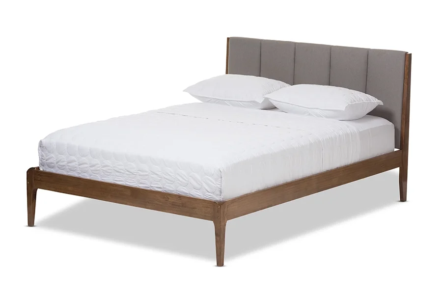 Skyline Decor Ember Mid-Century Light Grey Fabric and Medium Brown Finish Wood King Size Platform Bed