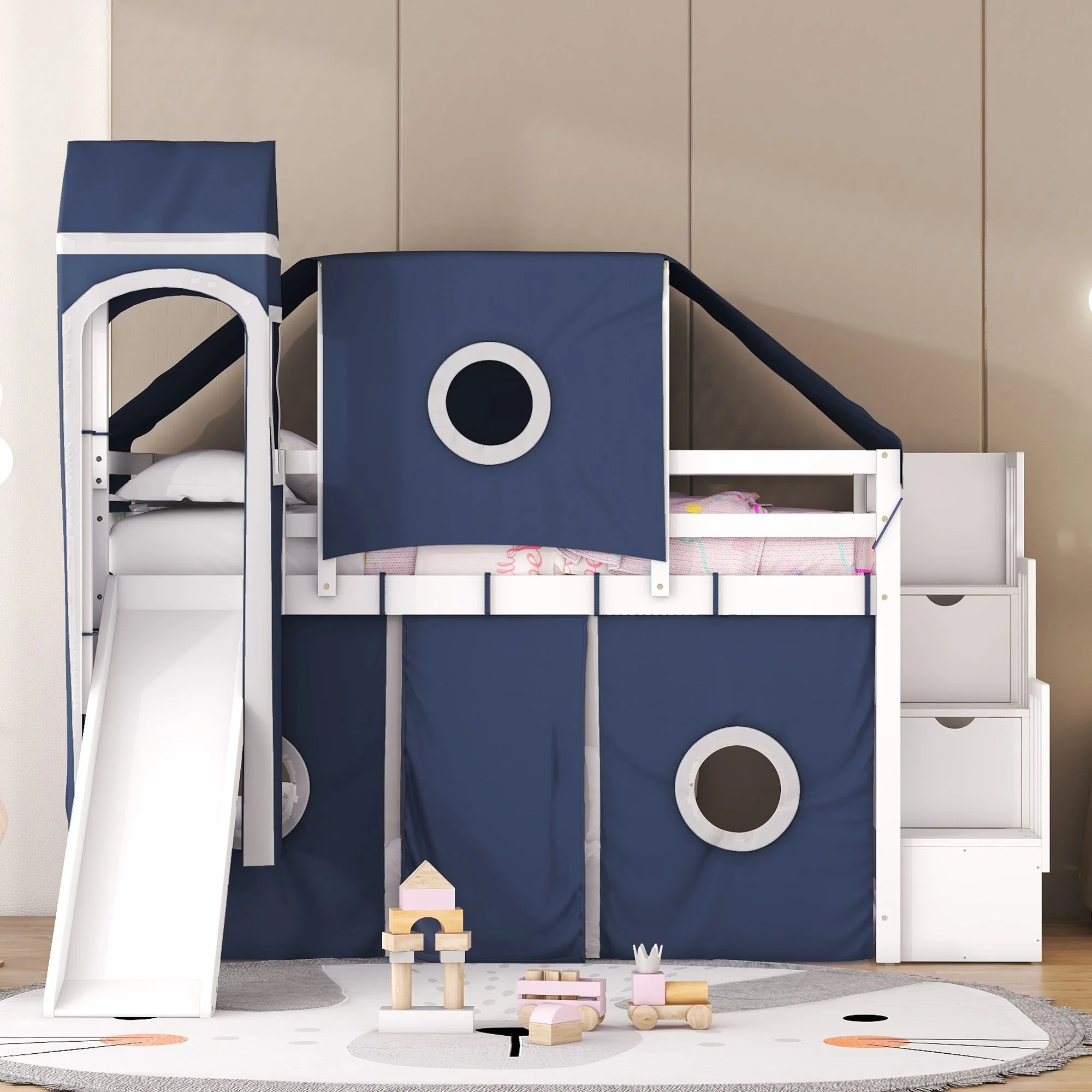 Multifunctional High Loft Bed with Tent and Tower, Sturdy Wooden Loftbed Frame with Storage Stairs, Slide& Safety Guardrail for Teens Bedroom, Space Saving Design