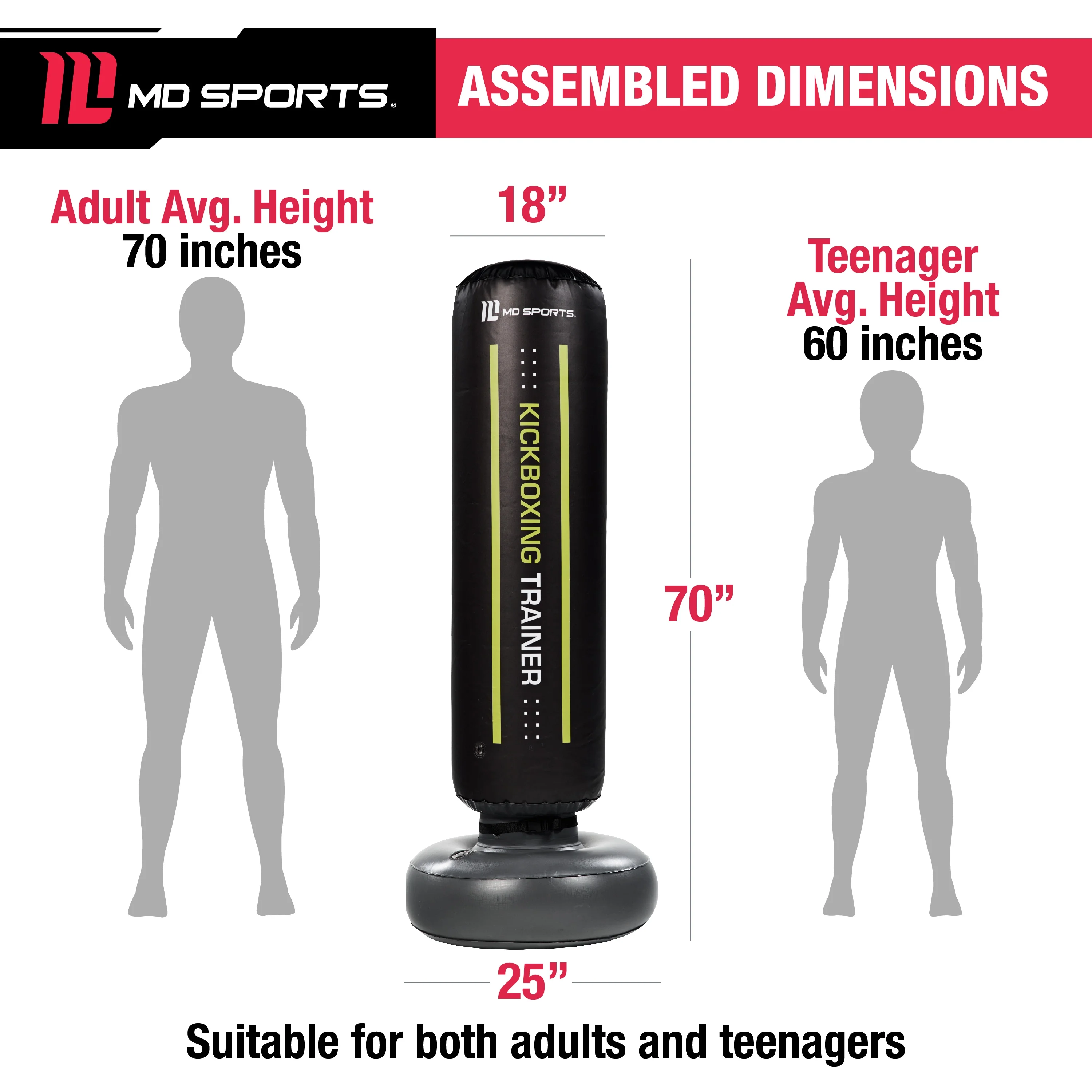 MD Sports Heavy Duty 70 inch, Inflatable Black and Yellow Kickboxing Trainer Bag