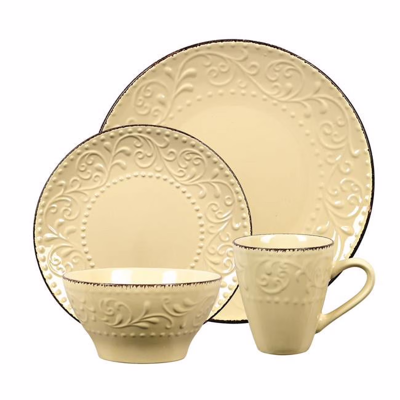 Lorren Home Trends LH529 16 Piece Stoneware Scroll Dinnerware Set, Yellow