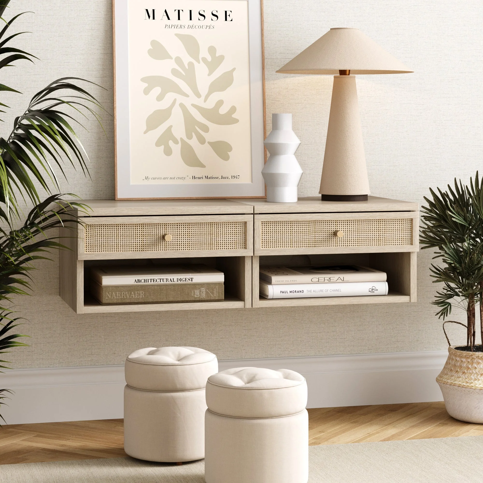 Nathan James Jackson Wall Mounted Rattan Floating Bedroom Nightstand with Storage Drawer and Modern Open Shelf Cubby, Light Oak/Rattan